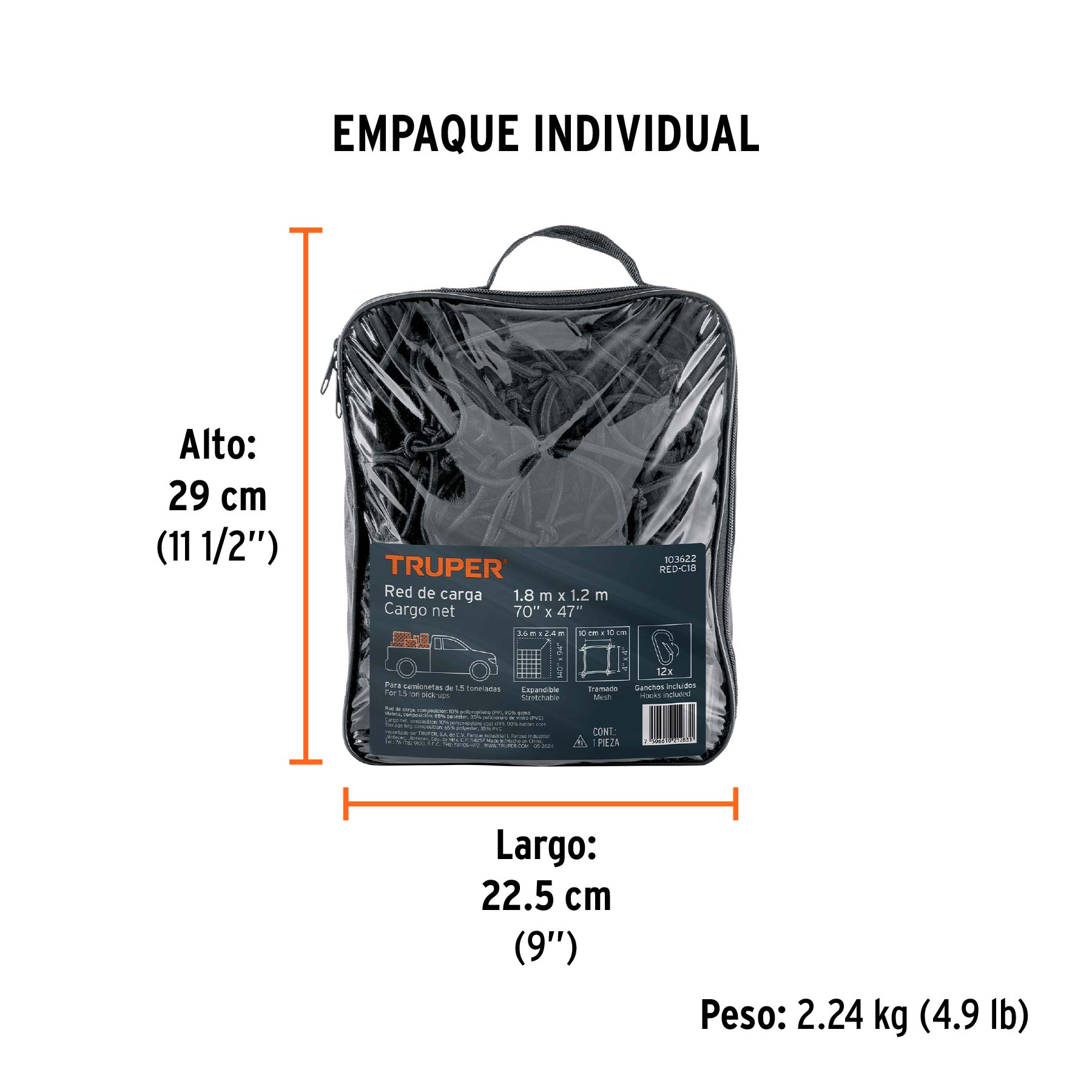 Red de carga de 1.8m x 1.2m para camioneta de 1.5 Ton,TRUPER - Empaque