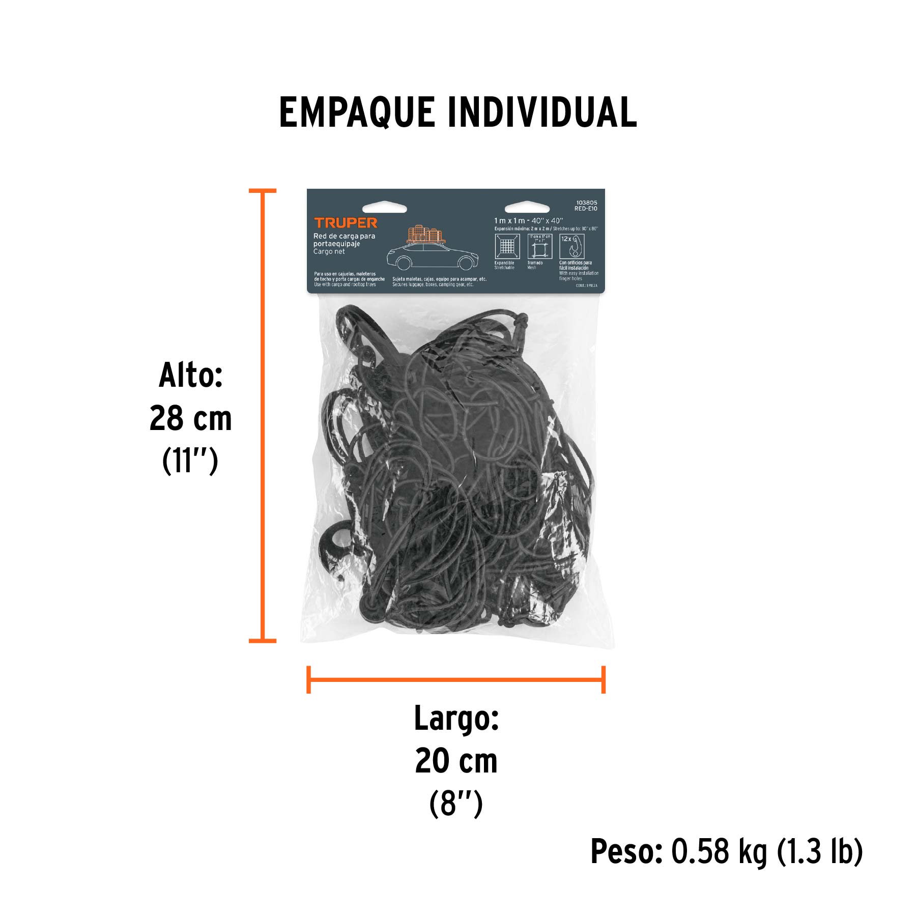 Red de carga de 1 m x 1 m para porta equipaje, TRUPER - Empaque