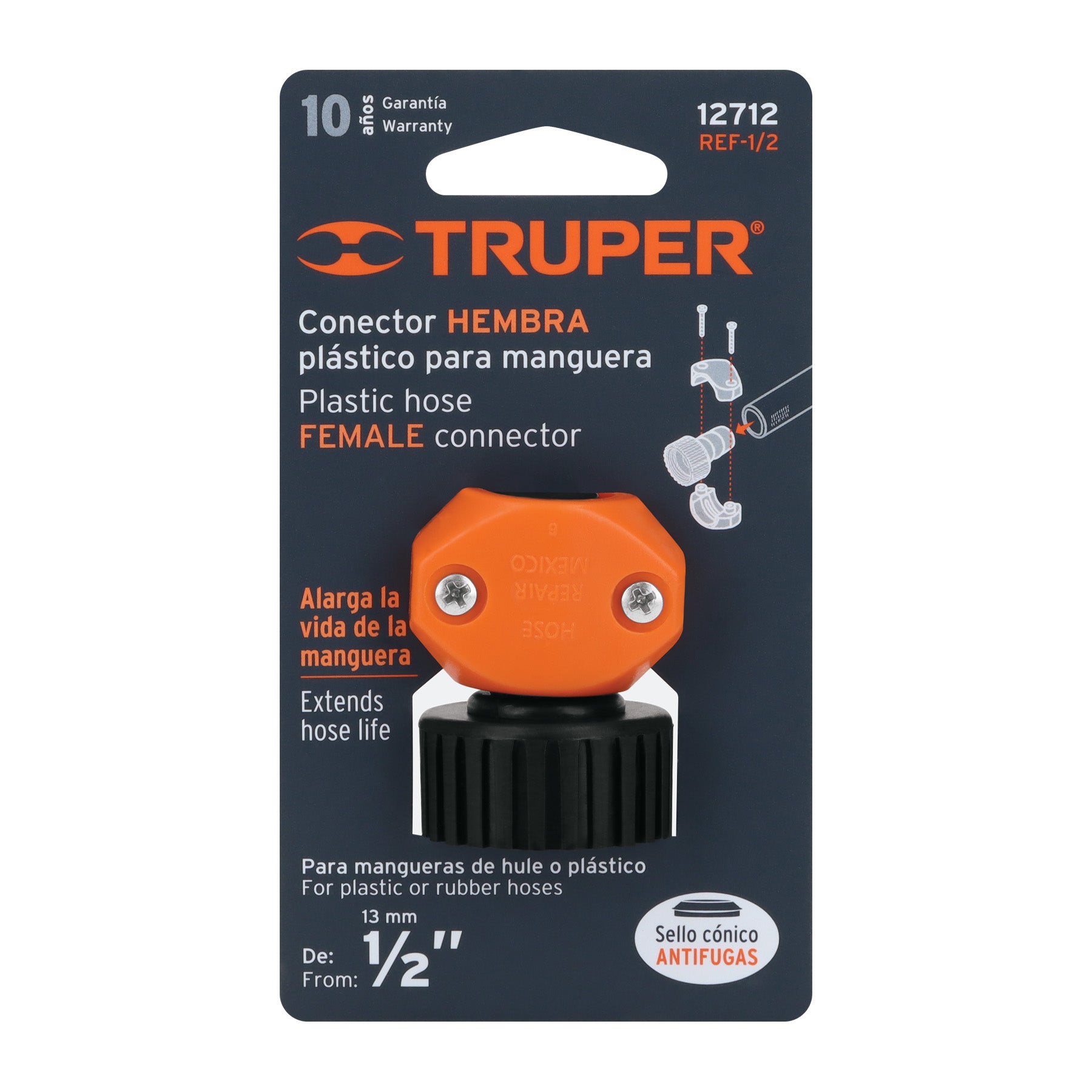 Conector 1/2" hembra de ABS para manguera, TRUPER