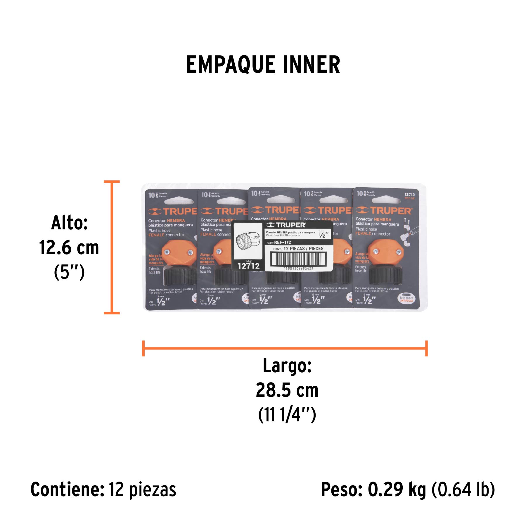 Conector 1/2" hembra de ABS para manguera, TRUPER - Empaque