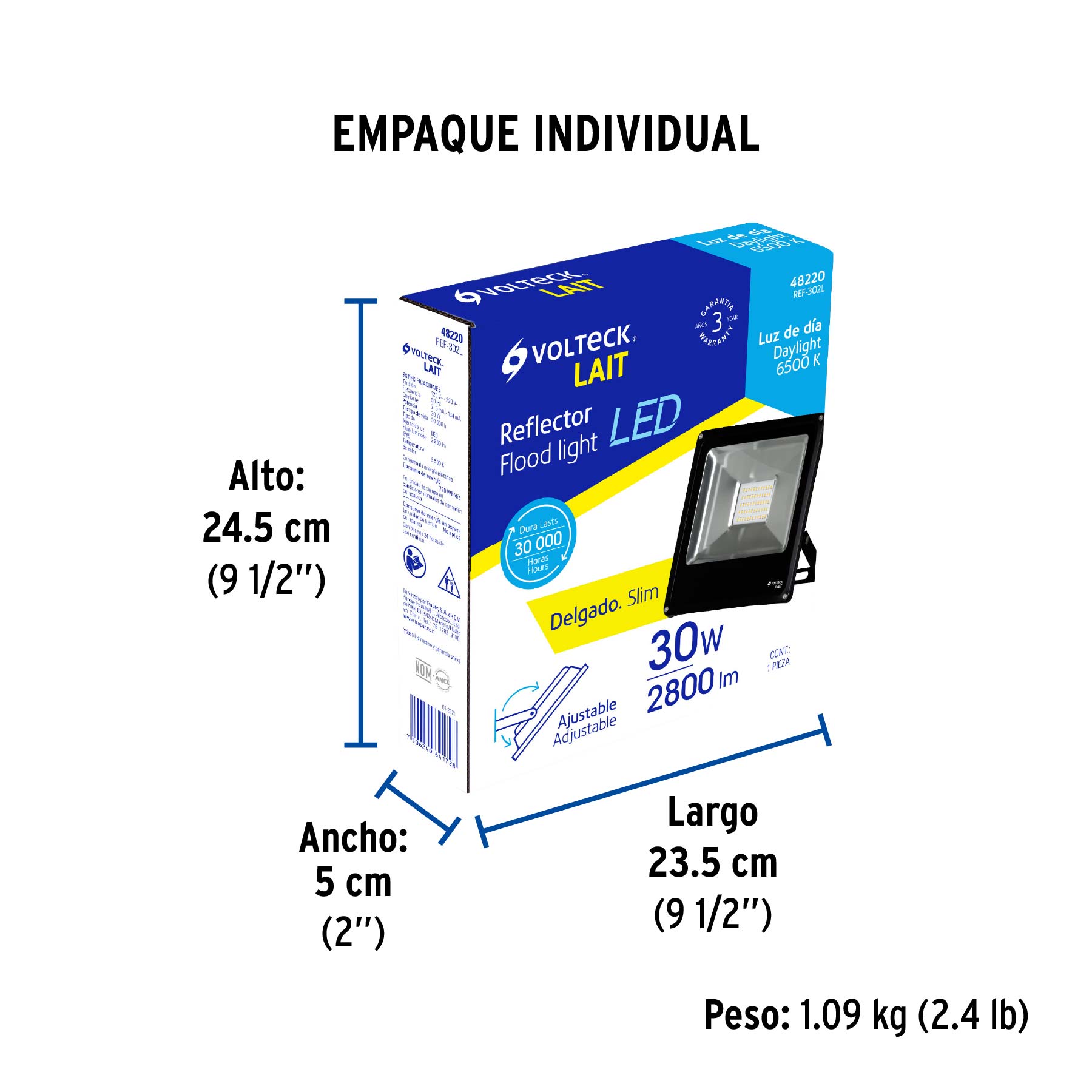 Reflector LED para exteriores 30W 6500K, VOLTECK - Empaque