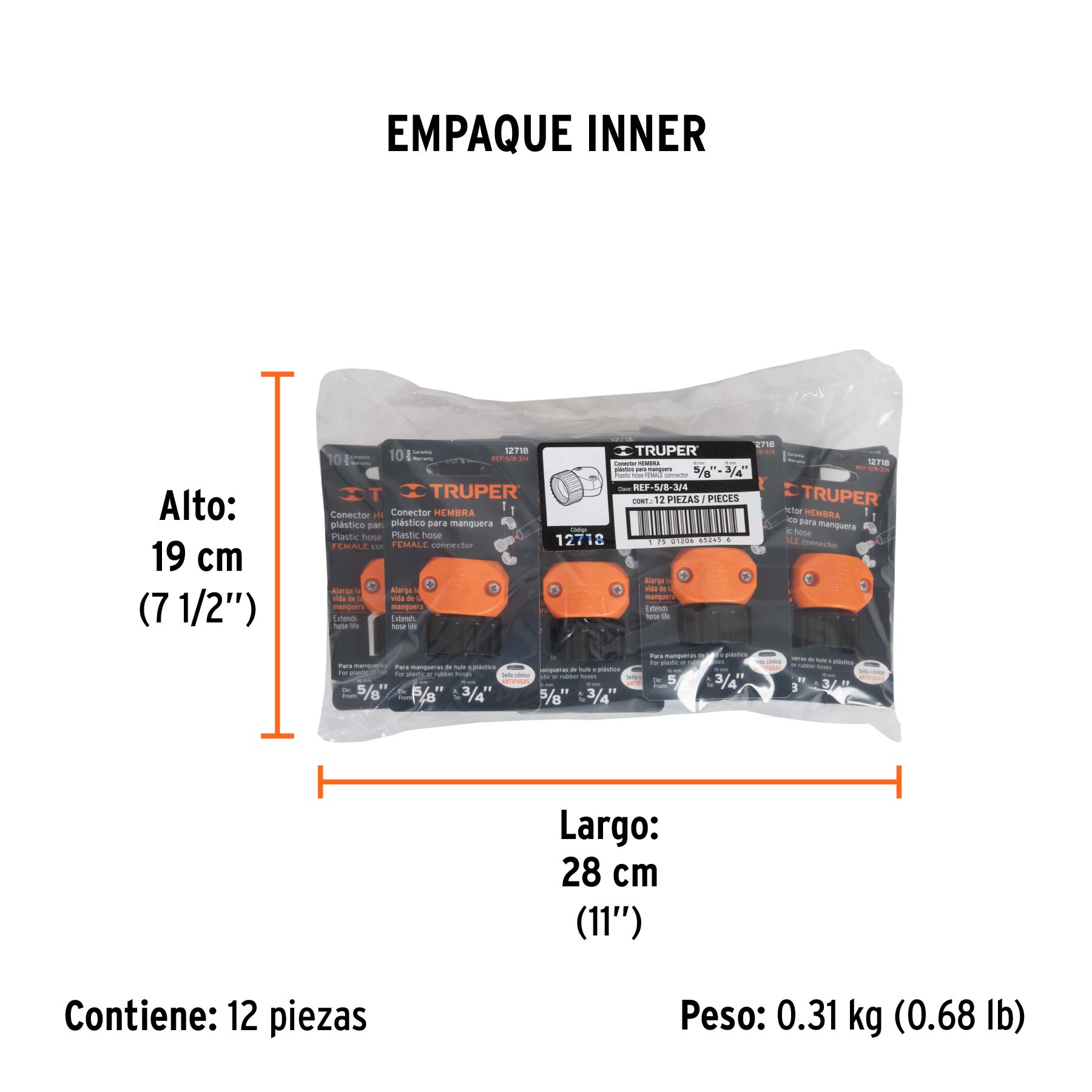 Conector 5/8"-3/4" hembra de ABS para manguera, TRUPER - Empaque