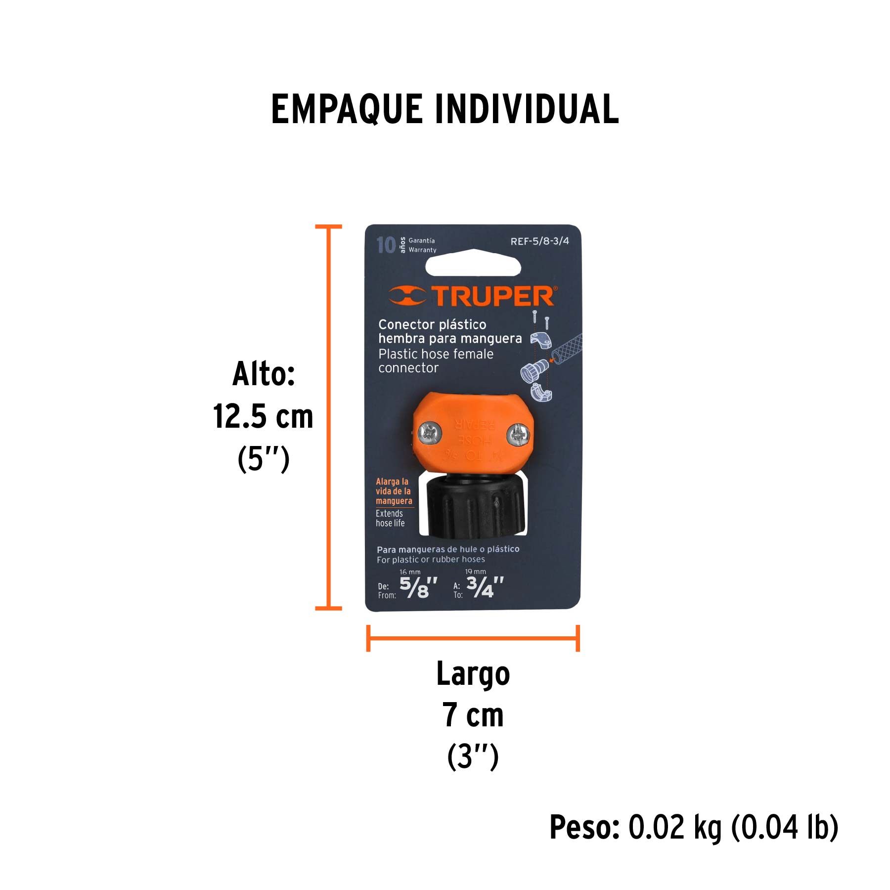 Conector 5/8"-3/4" hembra de ABS para manguera, TRUPER - Empaque