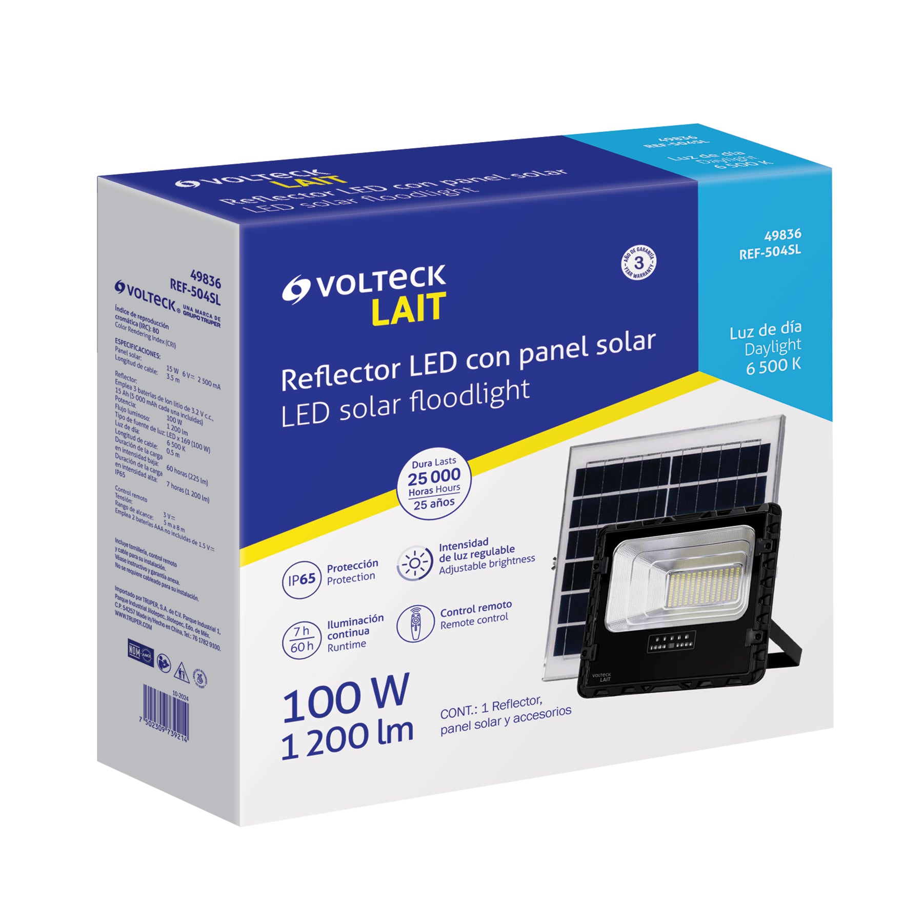Reflector LED con panel solar 100W 6500K, VOLTECK