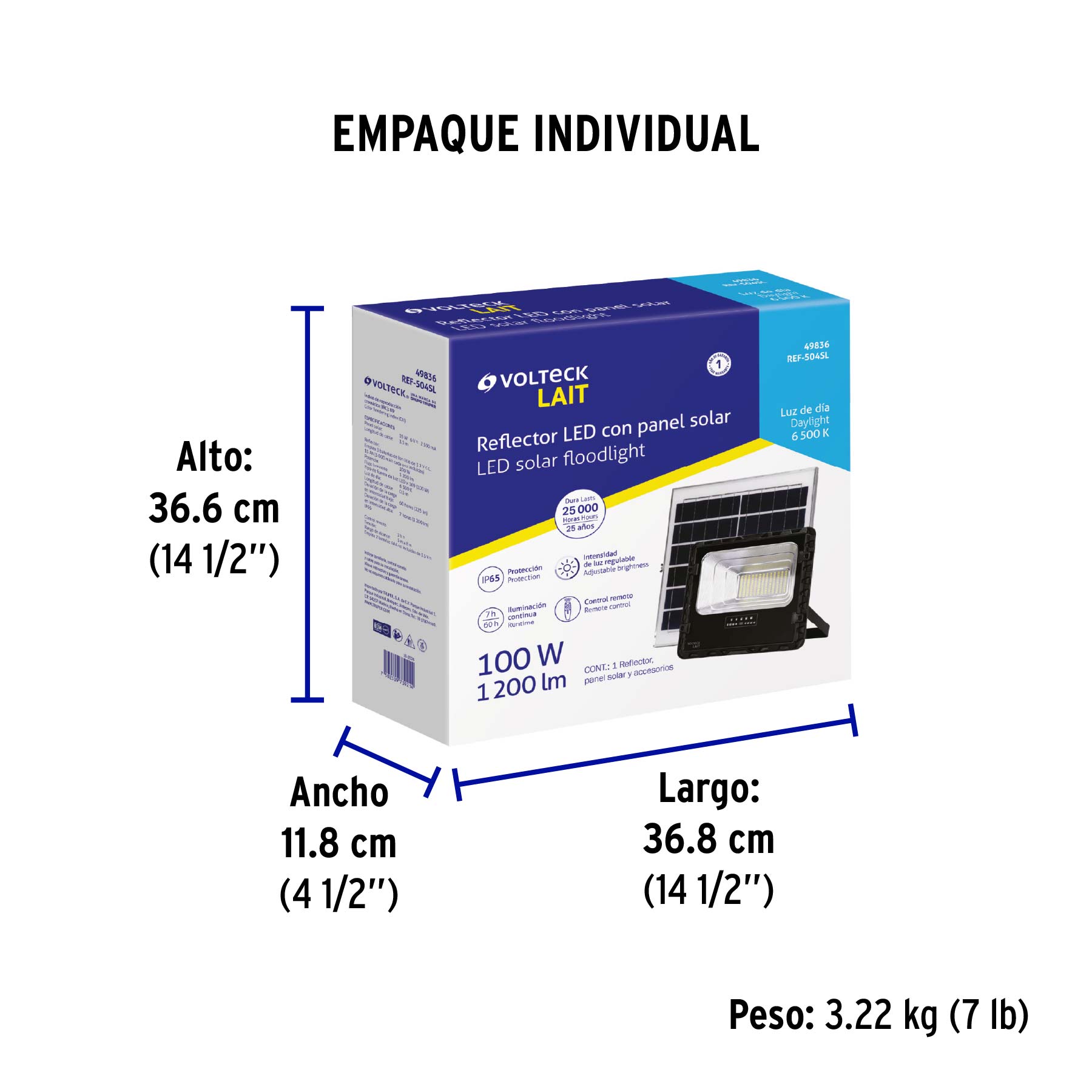 Reflector LED con panel solar 100W 6500K, VOLTECK - Empaque