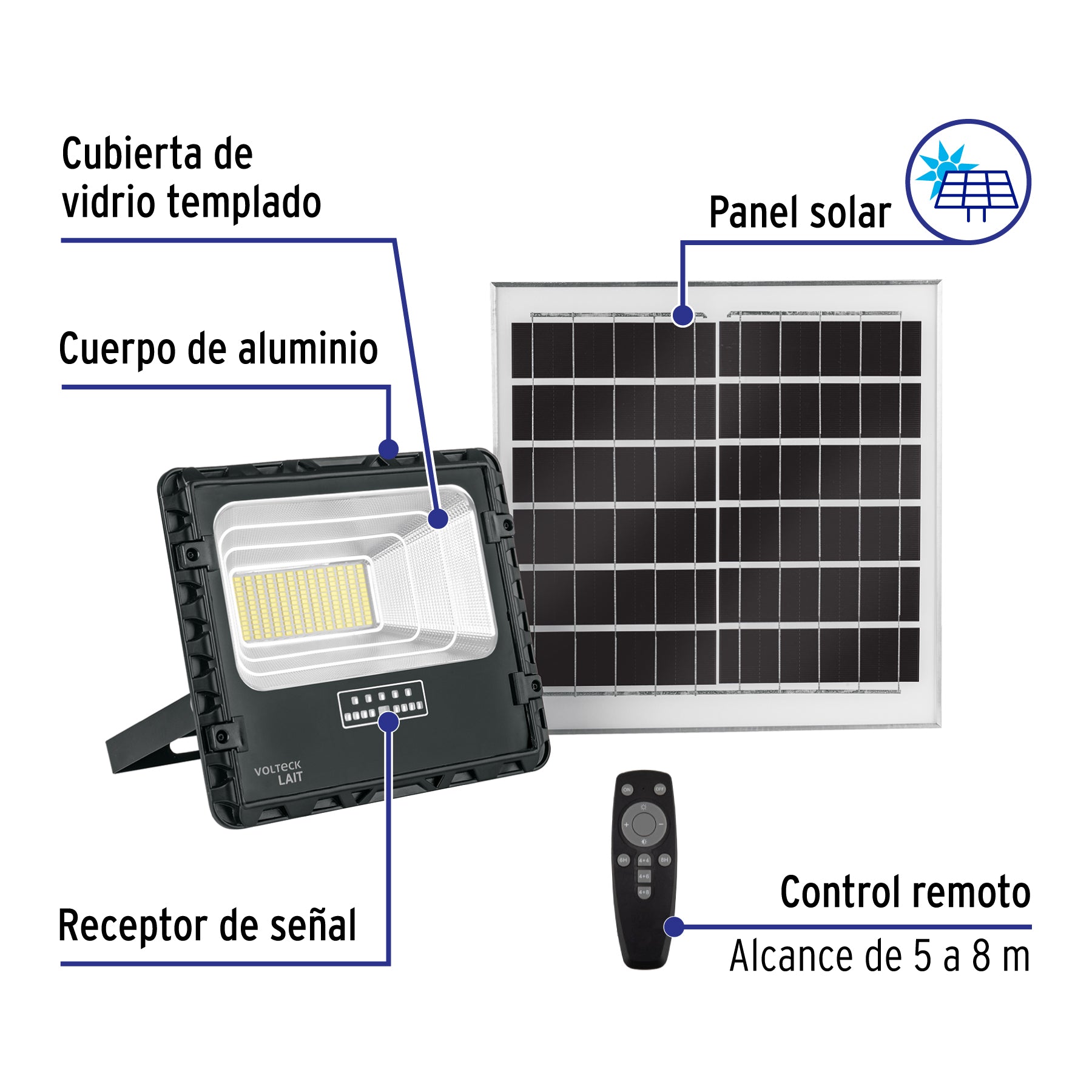 Reflector LED con panel solar 100W 6500K, VOLTECK