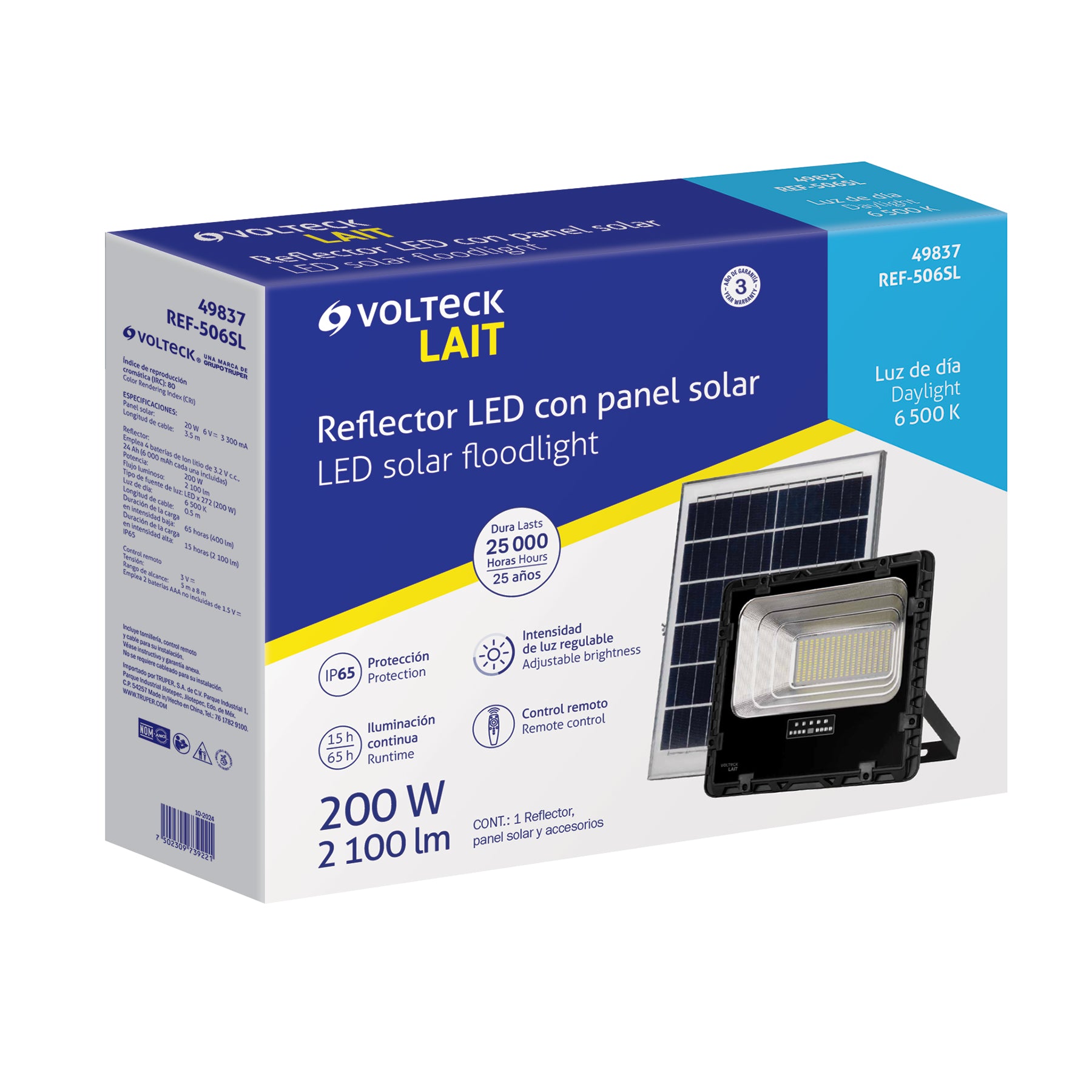 Reflector LED con panel solar 200W 6500K, VOLTECK