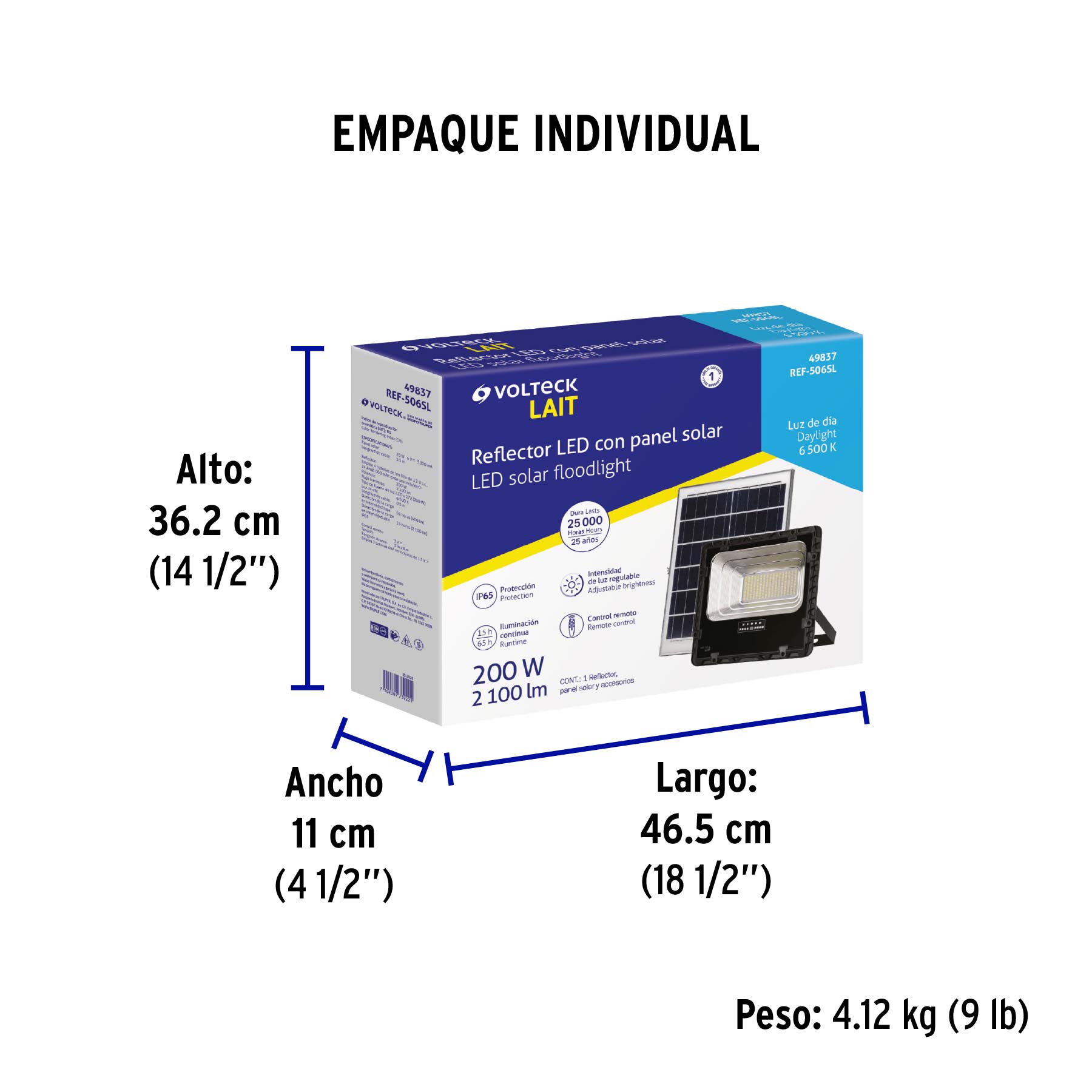 Reflector LED con panel solar 200W 6500K, VOLTECK - Empaque