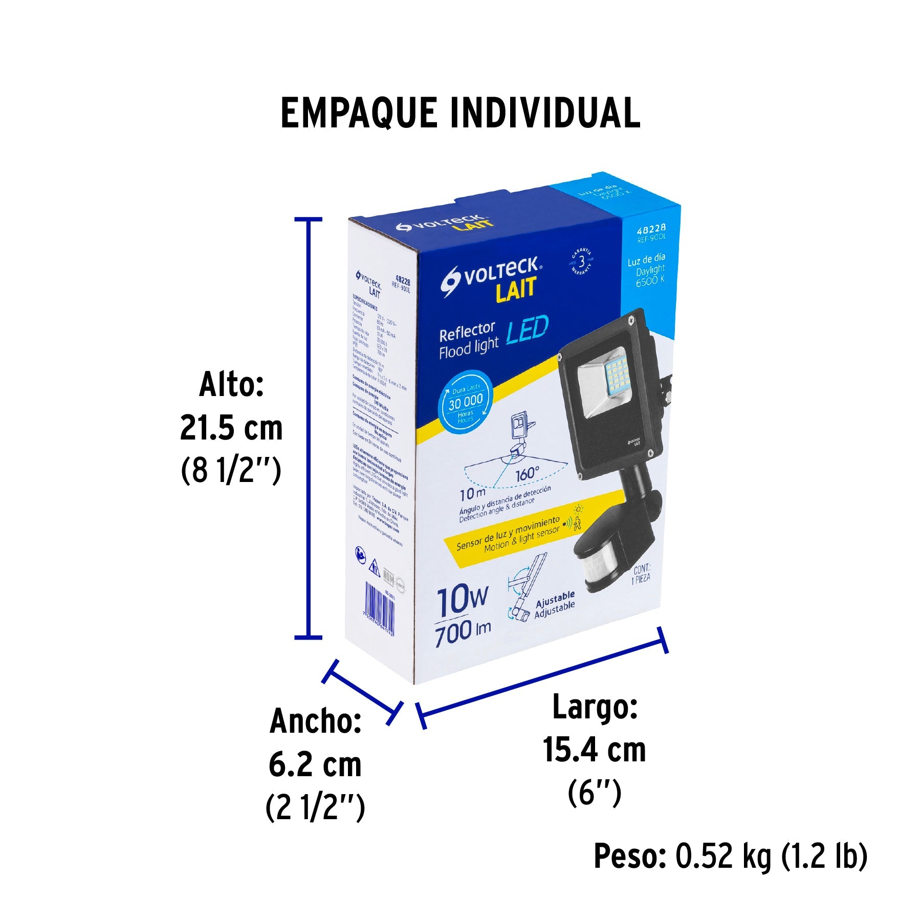 Reflector LED para exteriores 10W 6500K con sensor, VOLTECK - Empaque