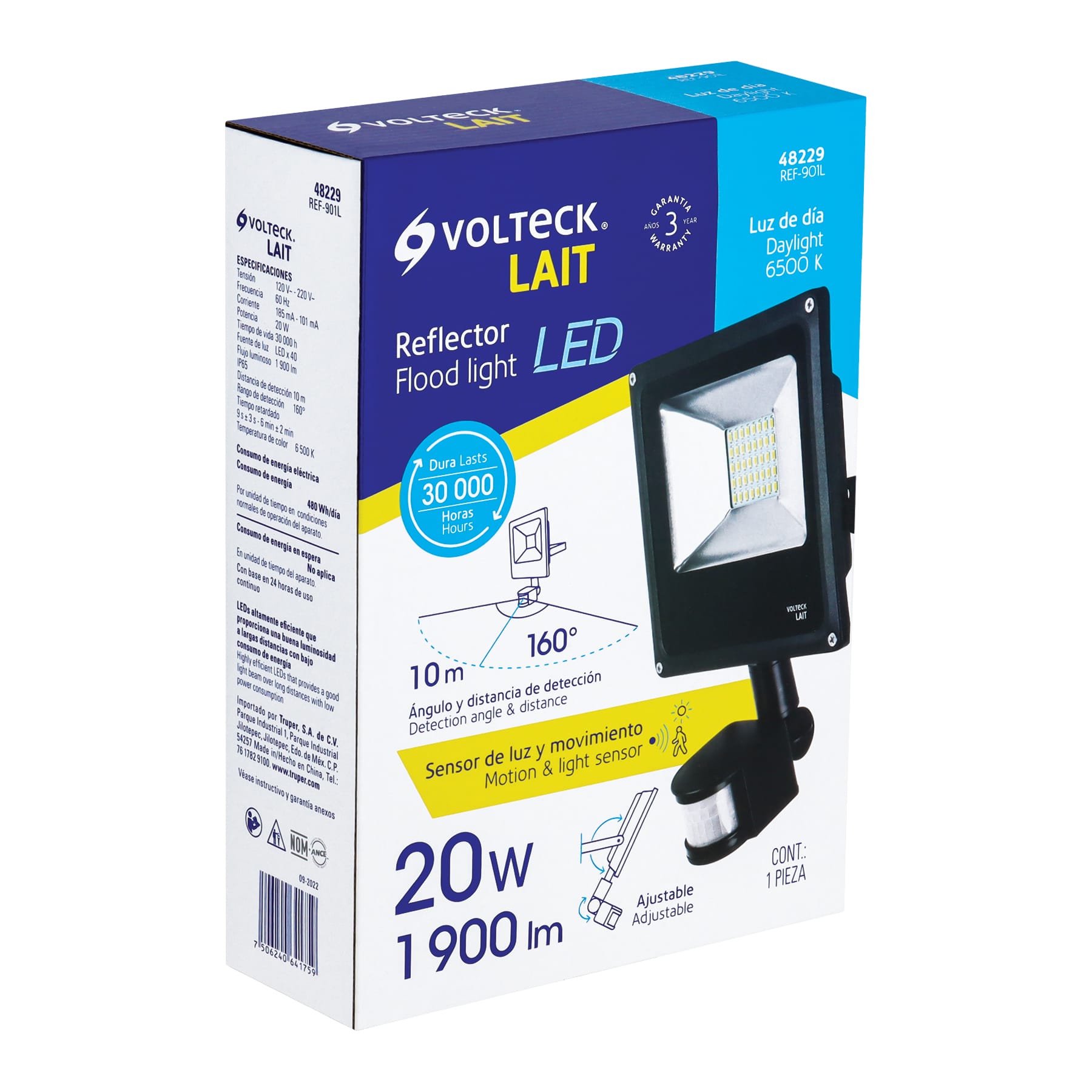 Reflector LED para exteriores 20W 6500K con sensor, VOLTECK
