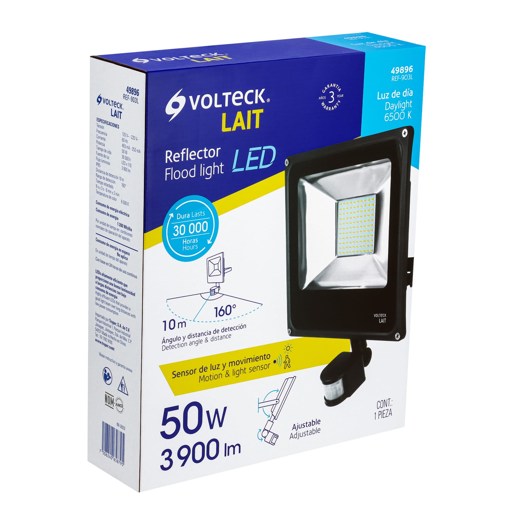 Reflector LED para exteriores 50W 6500K con sensor, VOLTECK