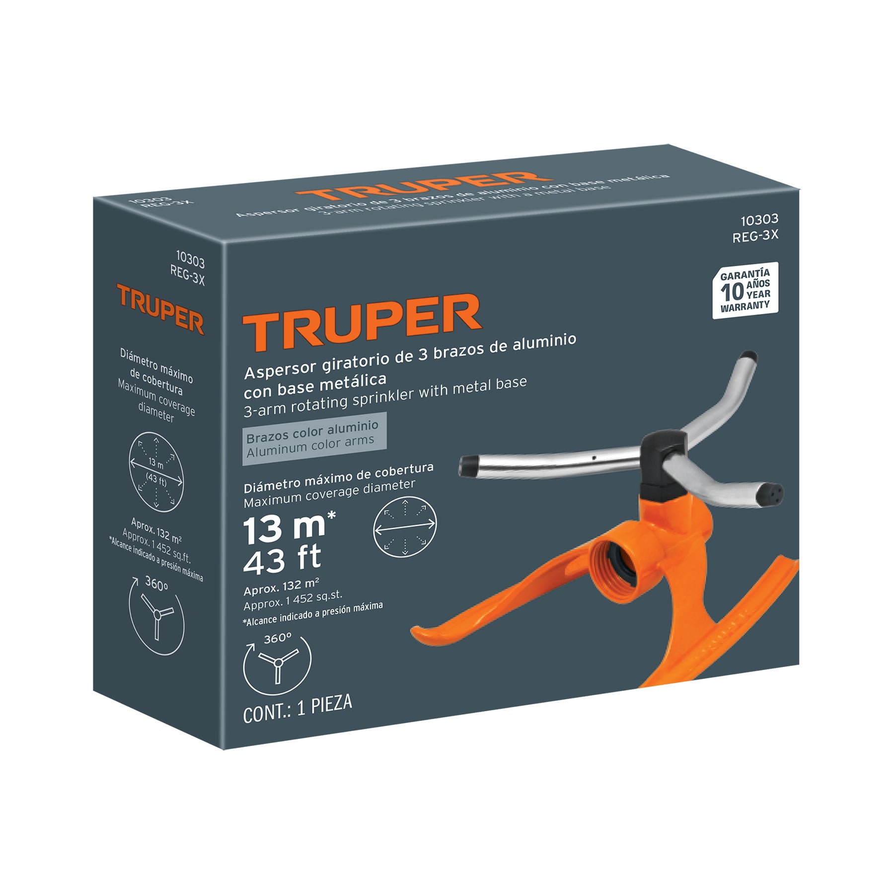 Aspersor b/metálica giratorio 3 brazos de aluminio, TRUPER