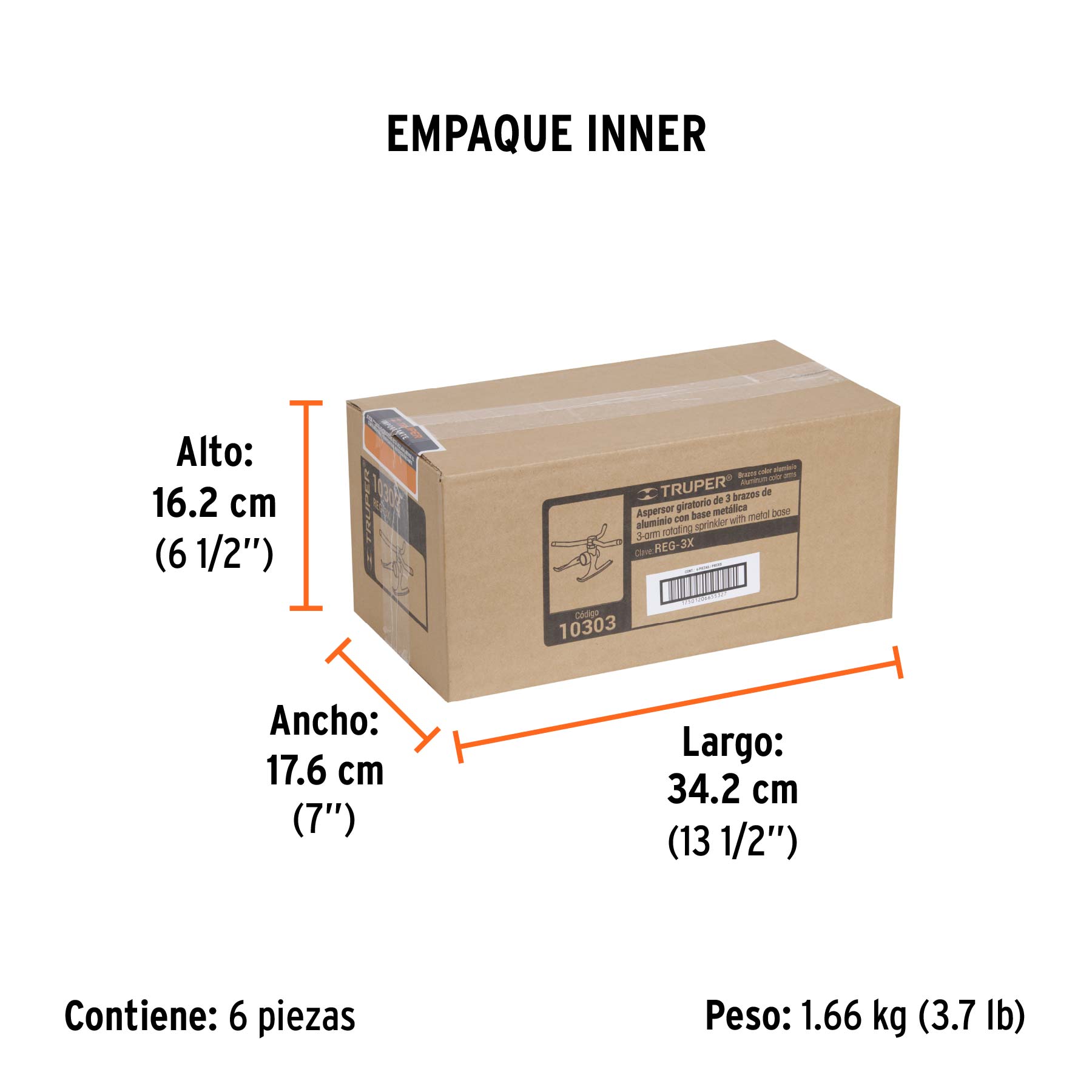 Aspersor b/metálica giratorio 3 brazos de aluminio, TRUPER - Empaque