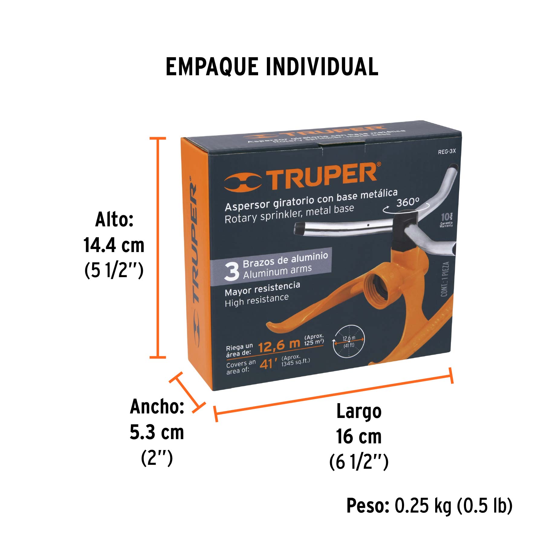 Aspersor b/metálica giratorio 3 brazos de aluminio, TRUPER - Empaque