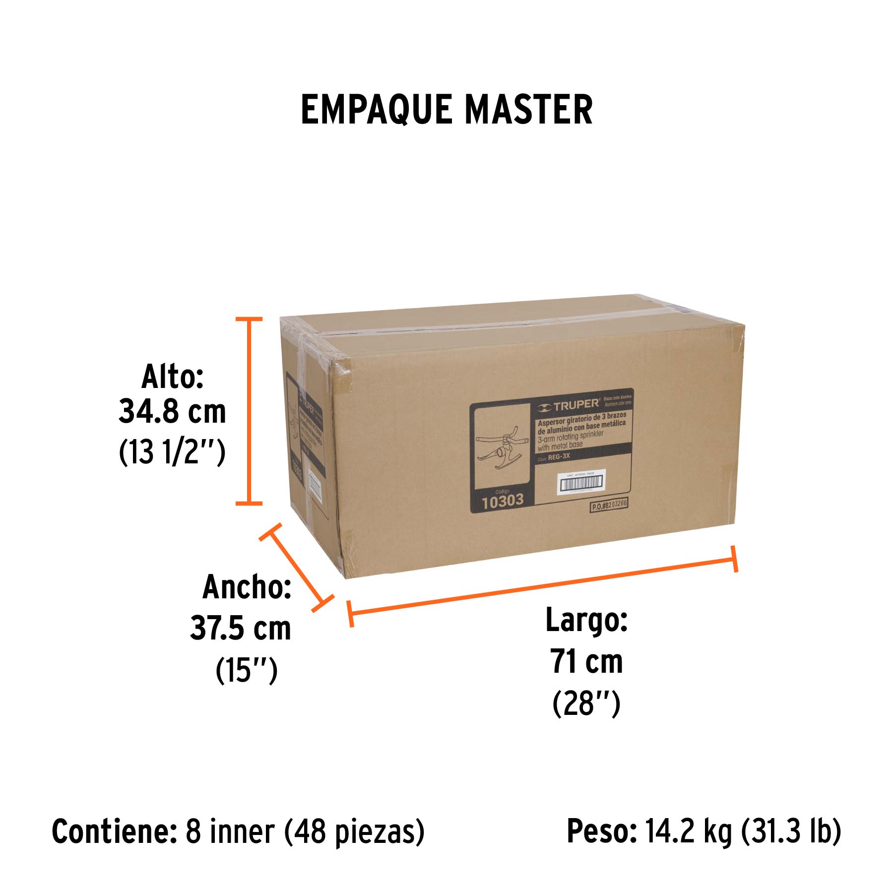 Aspersor b/metálica giratorio 3 brazos de aluminio, TRUPER - Empaque