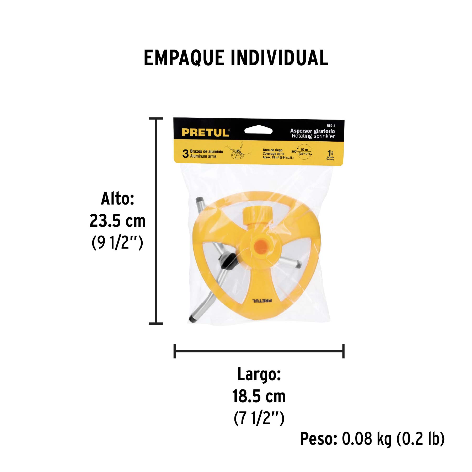 Aspersor giratorio de 3 brazos con base plástica, PRETUL - Empaque