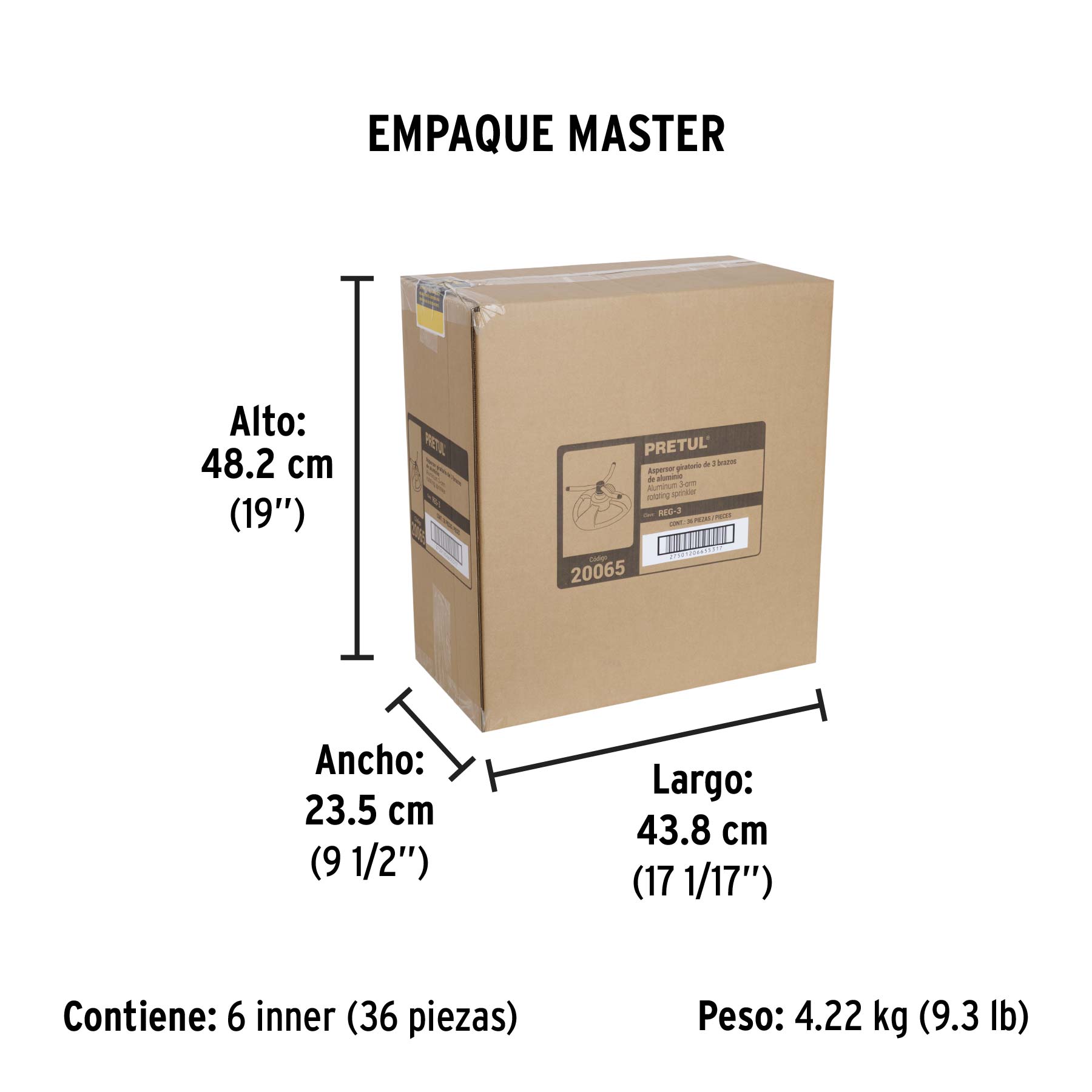 Aspersor giratorio de 3 brazos con base plástica, PRETUL - Empaque