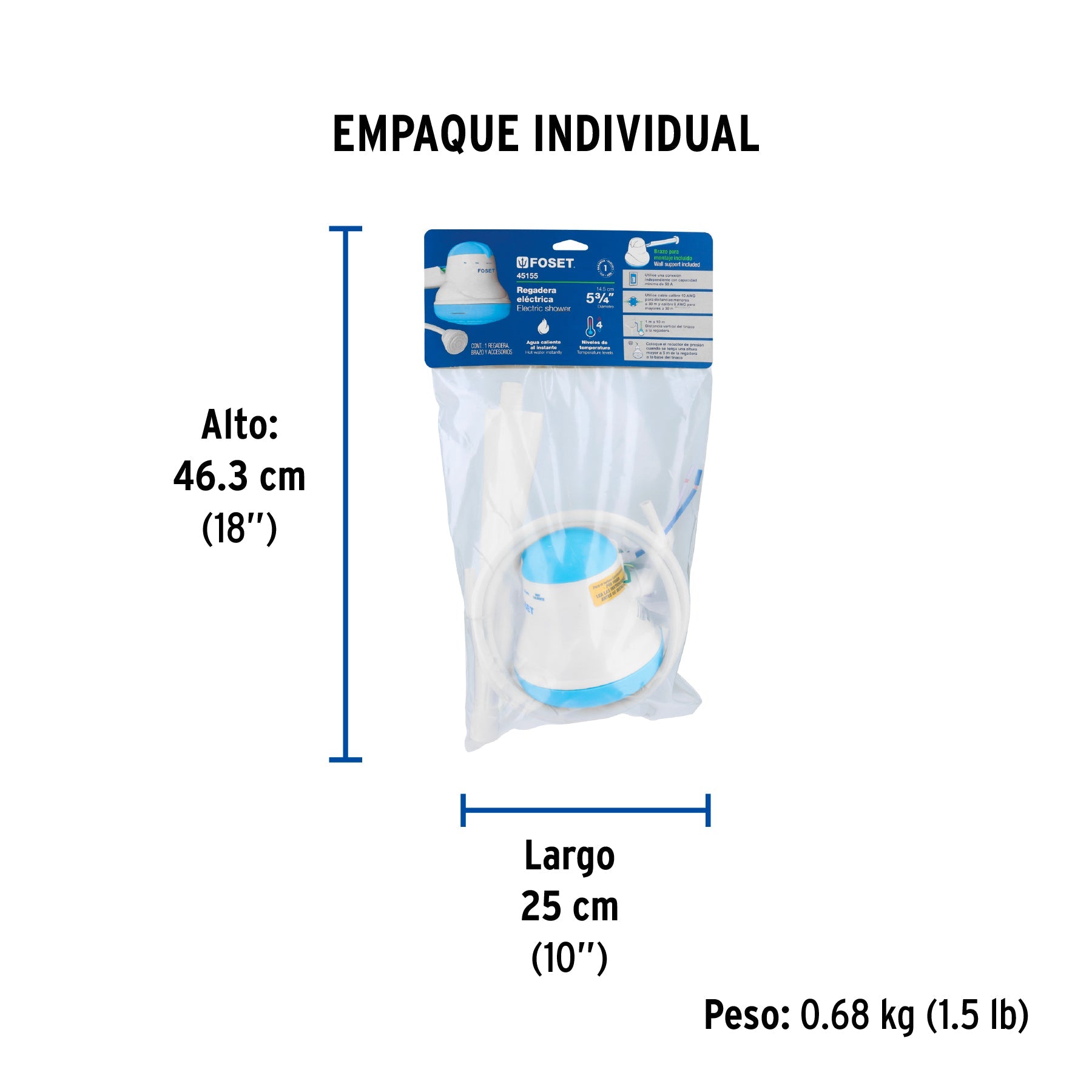 Regadera eléctrica, 4 temperaturas, 14.5cm, azul, FOSET - Empaque