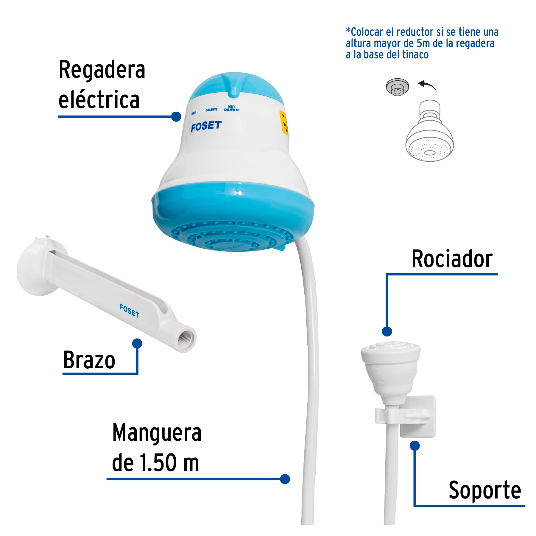 Regadera eléctrica, 4 temperaturas, 14.5cm, azul, FOSET
