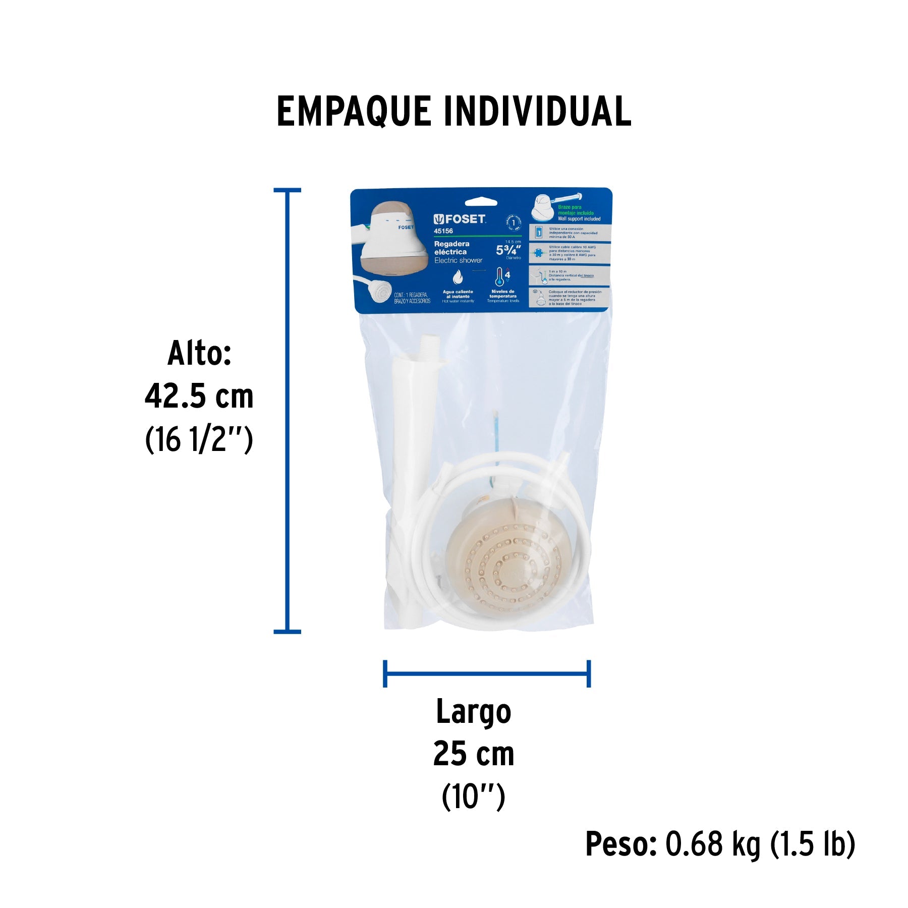 Regadera eléctrica, 4 temperaturas, 14.5cm, beige, FOSET - Empaque