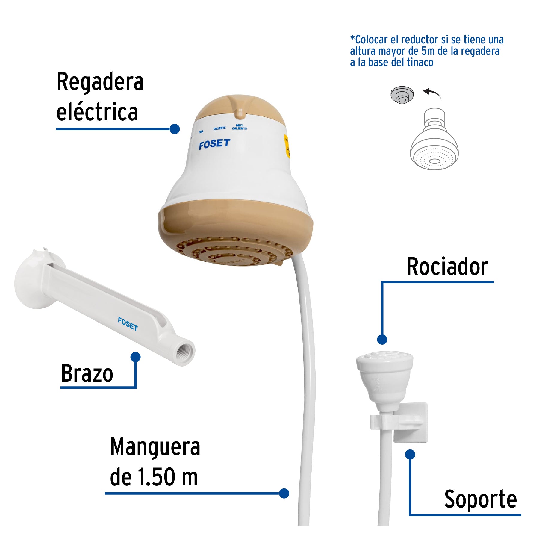 Regadera eléctrica, 4 temperaturas, 14.5cm, beige, FOSET