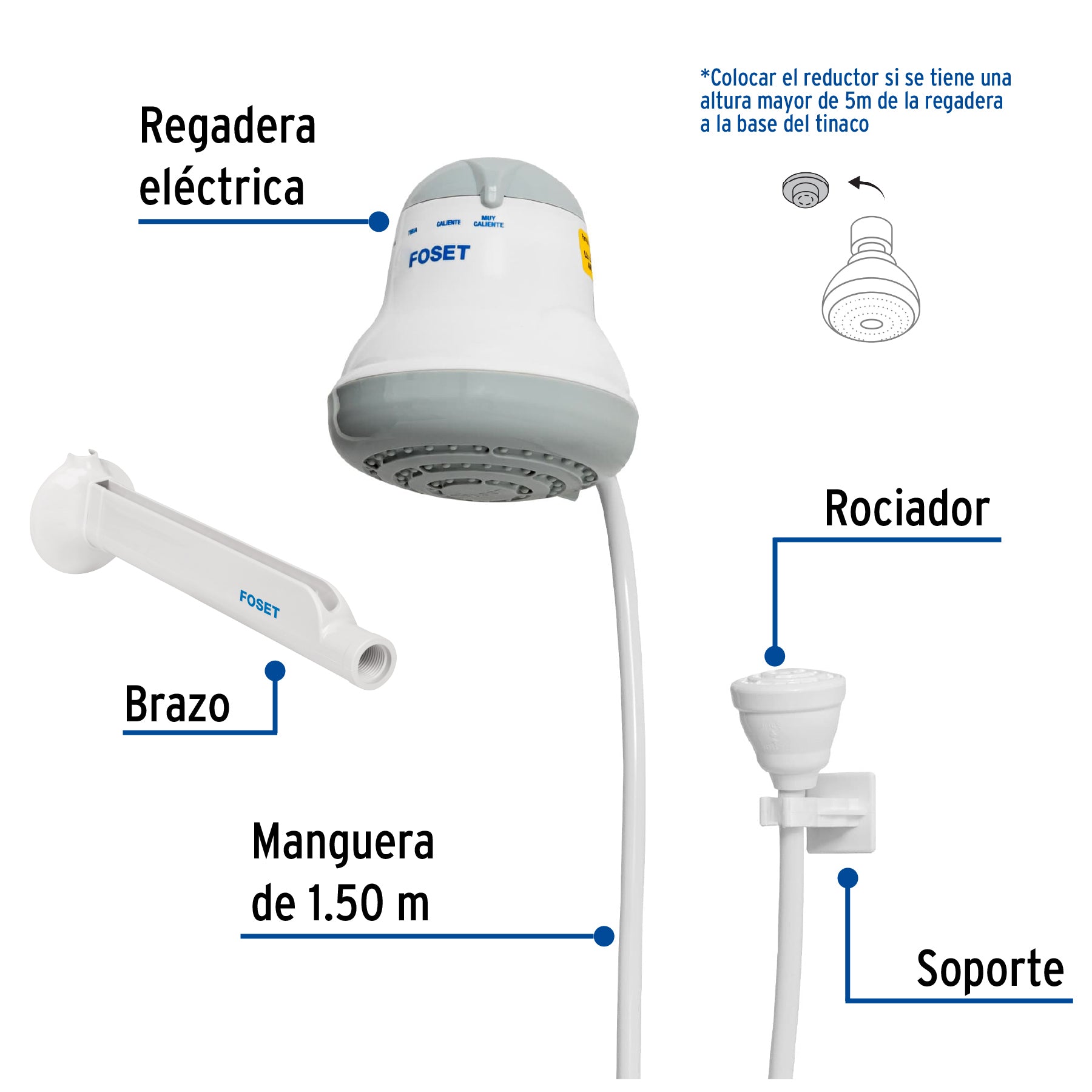 Regadera eléctrica, 4 temperaturas, 14.5cm, gris, FOSET