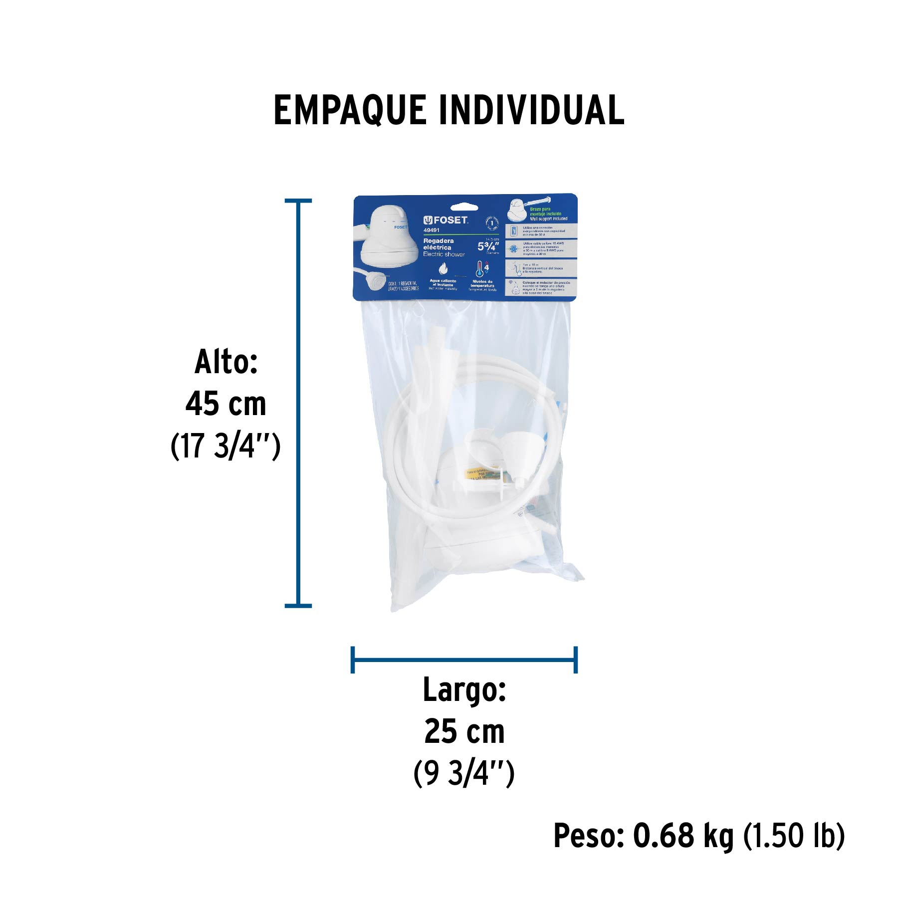 Regadera eléctrica, 4 temperaturas, 14.5cm, blanca, FOSET - Empaque