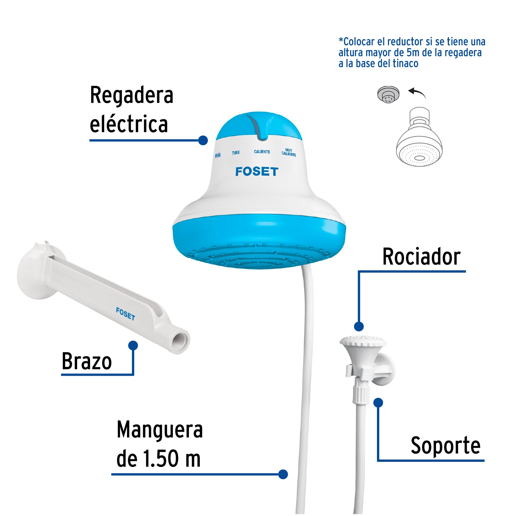 Regadera eléctrica, 4 temperaturas, 16.5cm, azul, FOSET