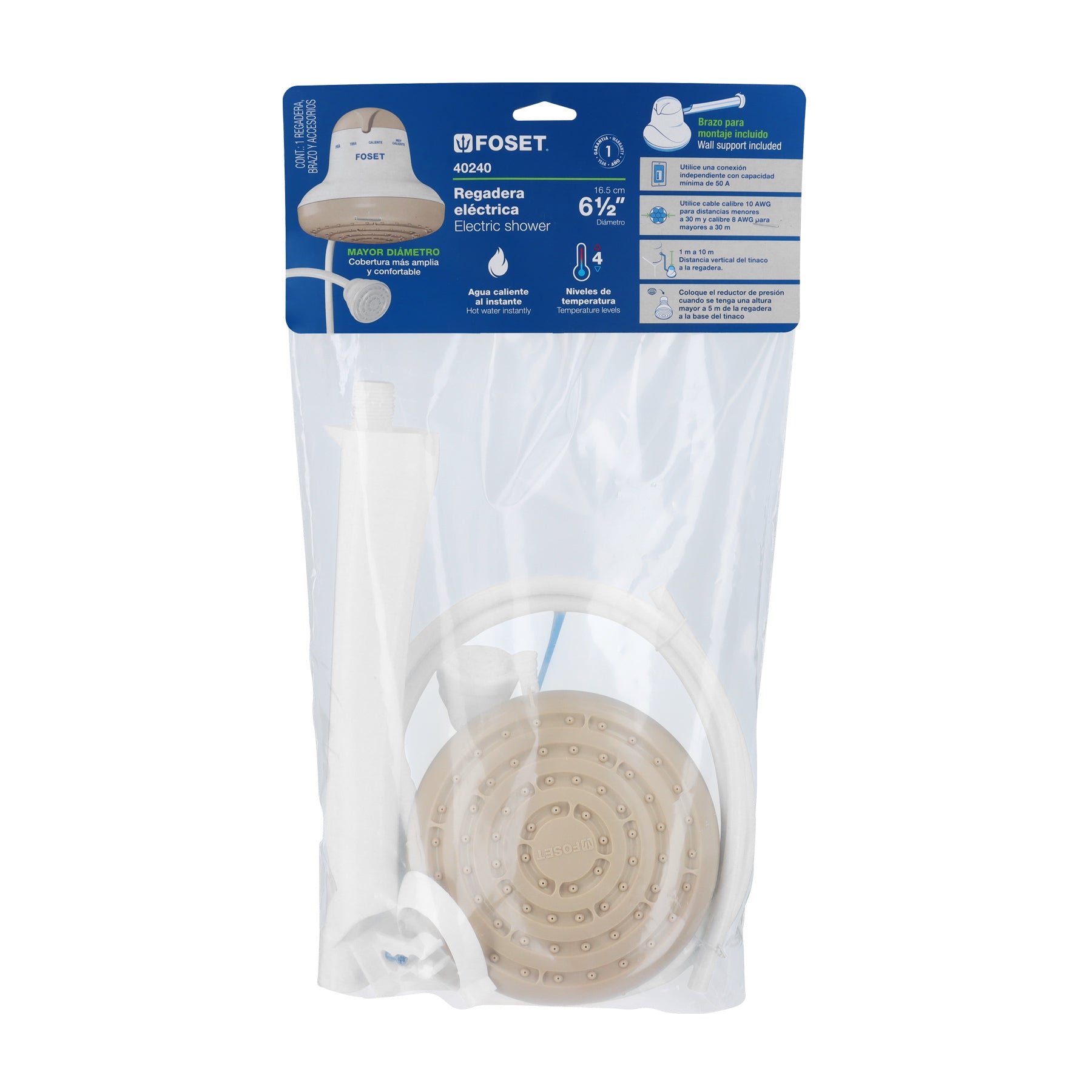 Regadera eléctrica, 4 temperaturas, 16.5cm, beige, FOSET