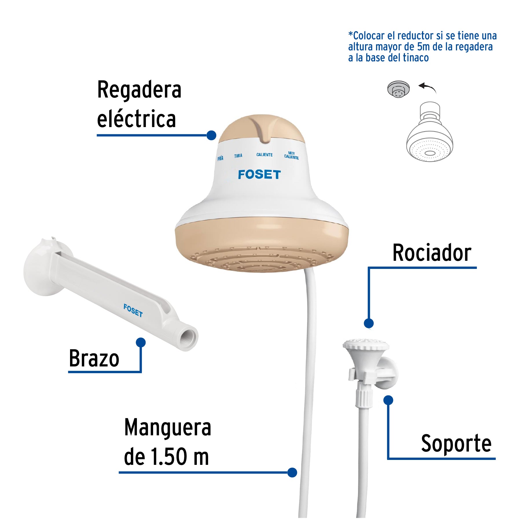 Regadera eléctrica, 4 temperaturas, 16.5cm, beige, FOSET