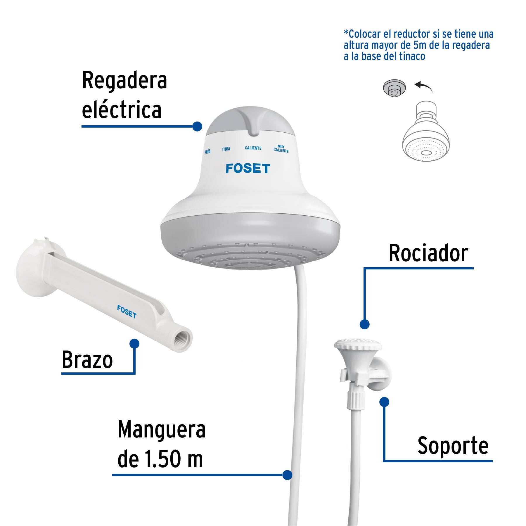 Regadera eléctrica, 4 temperaturas, 16.5cm, gris, FOSET