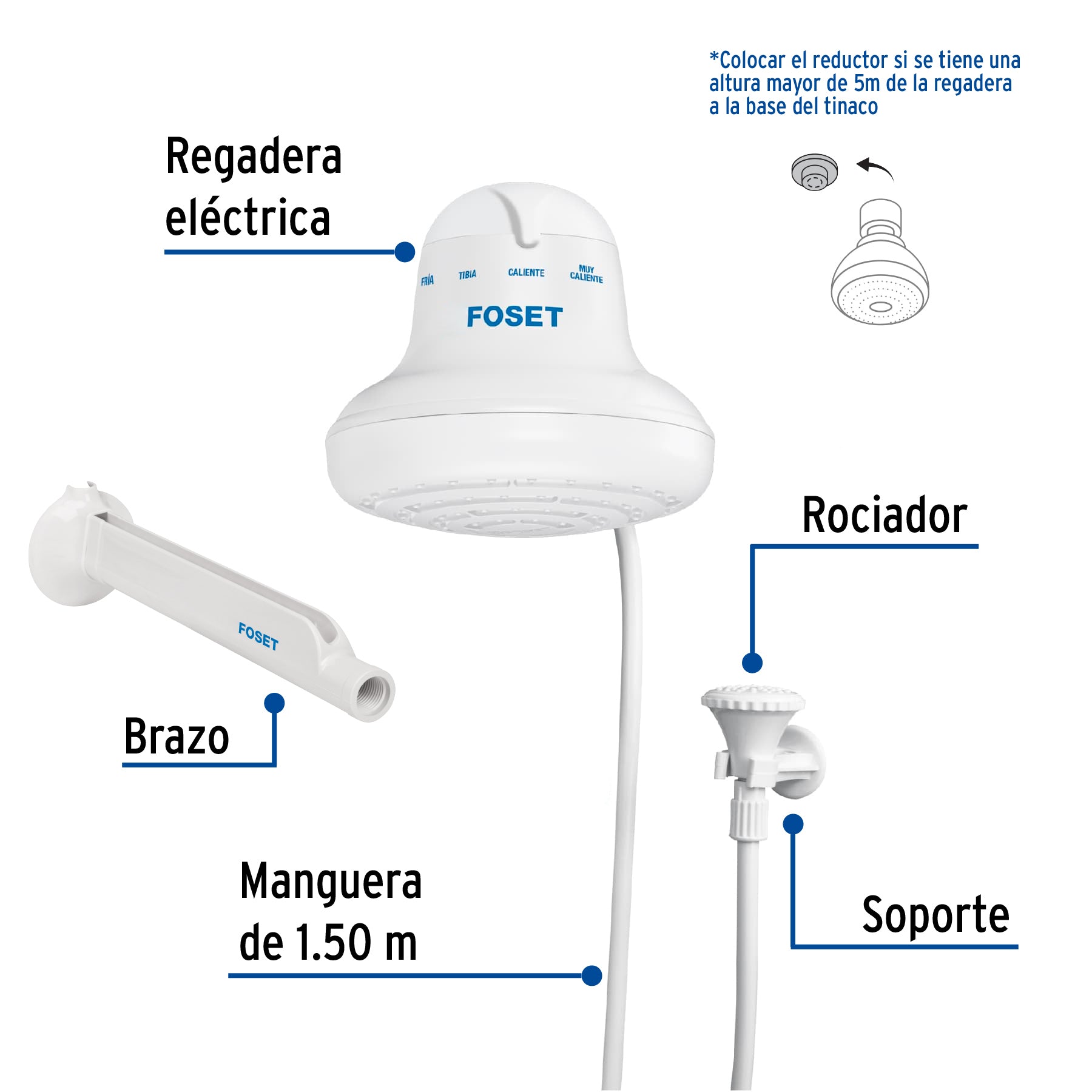 Regadera eléctrica, 4 temperaturas, 16.5cm, blanca, FOSET