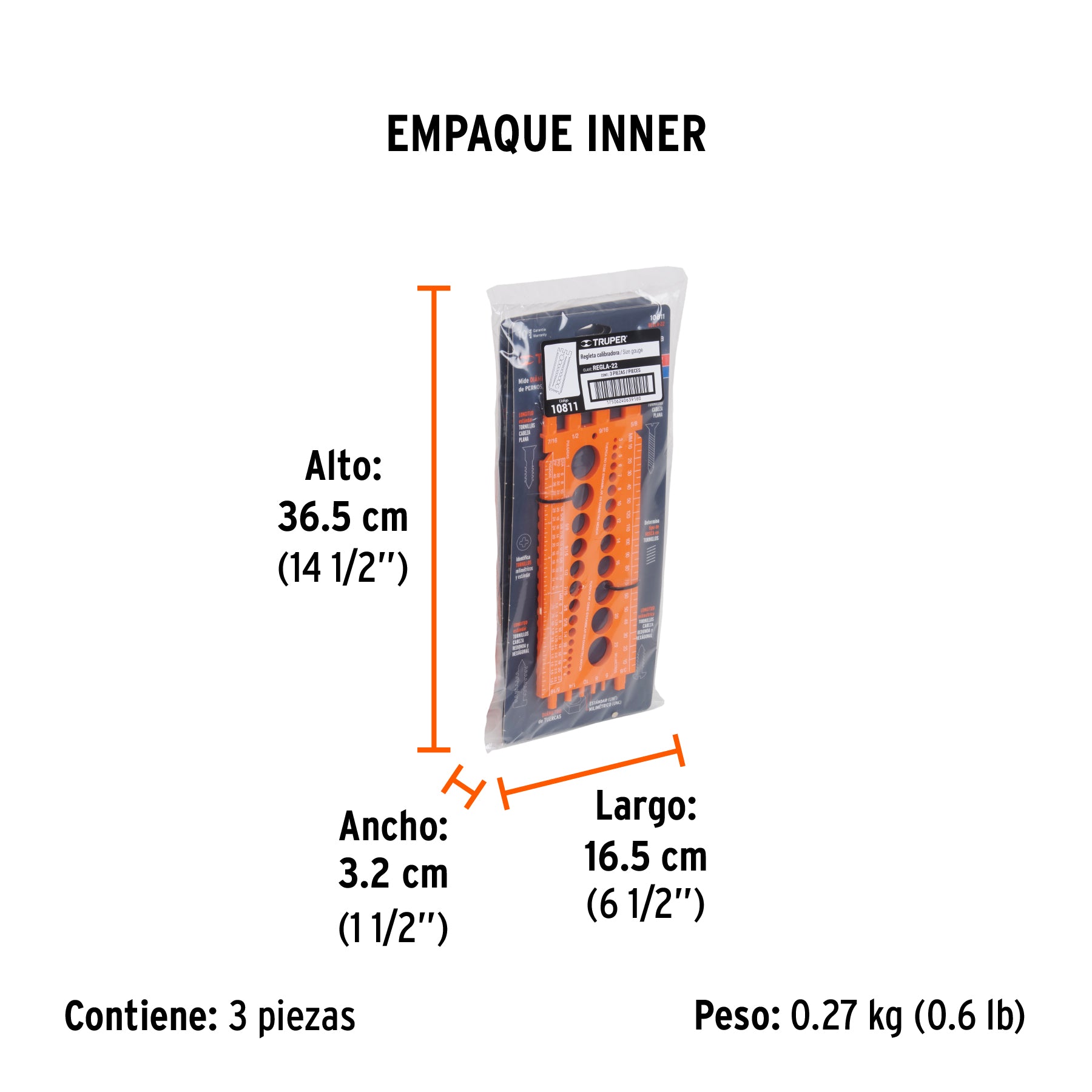 Regleta medidora de tuercas y tornillos, std y mm, TRUPER - Empaque