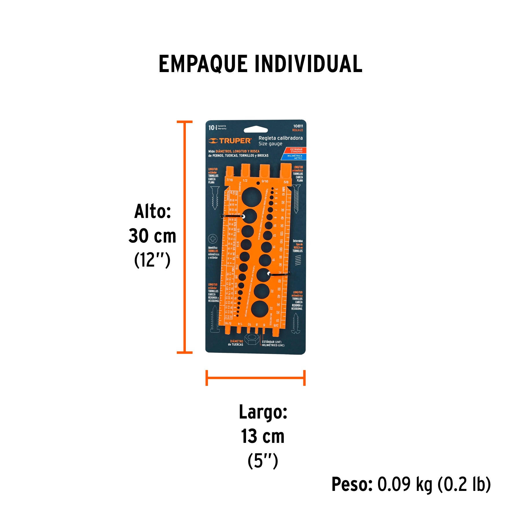 Regleta medidora de tuercas y tornillos, std y mm, TRUPER - Empaque