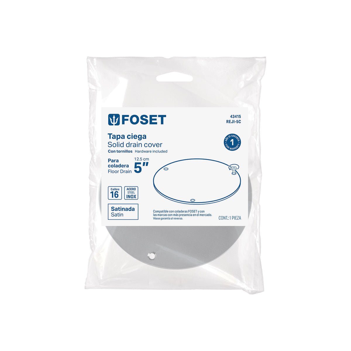 Tapa ciega de acero inoxidable para coladera 5", FOSET