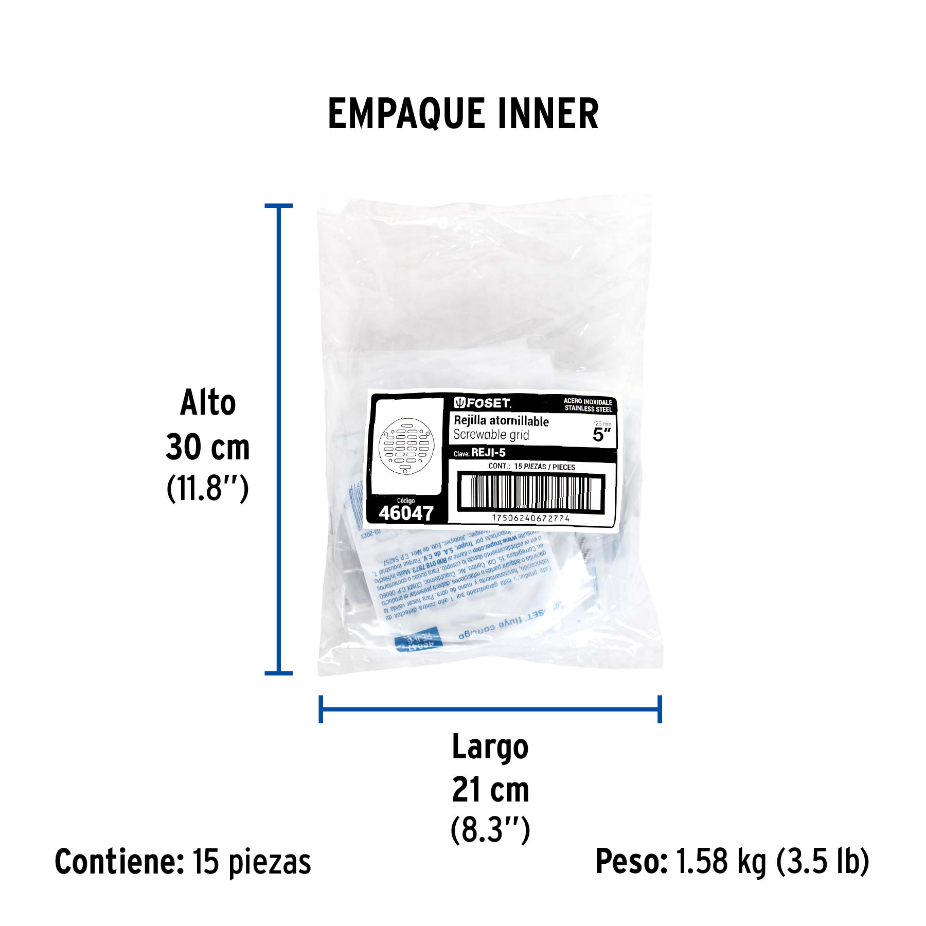 Rejilla de acero inoxidable 5", cierre con tornillos, FOSET - Empaque