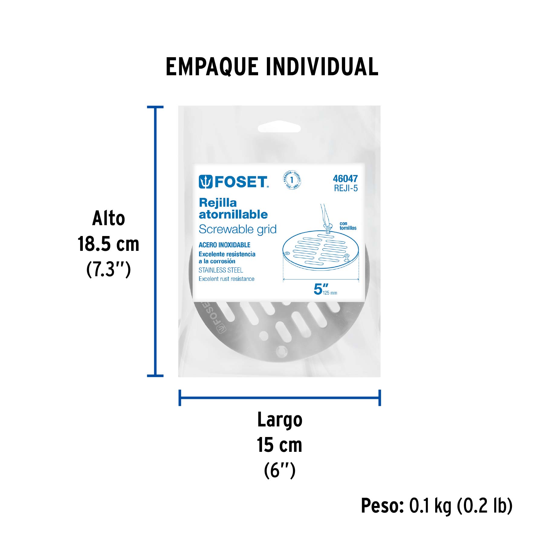 Rejilla de acero inoxidable 5", cierre con tornillos, FOSET - Empaque