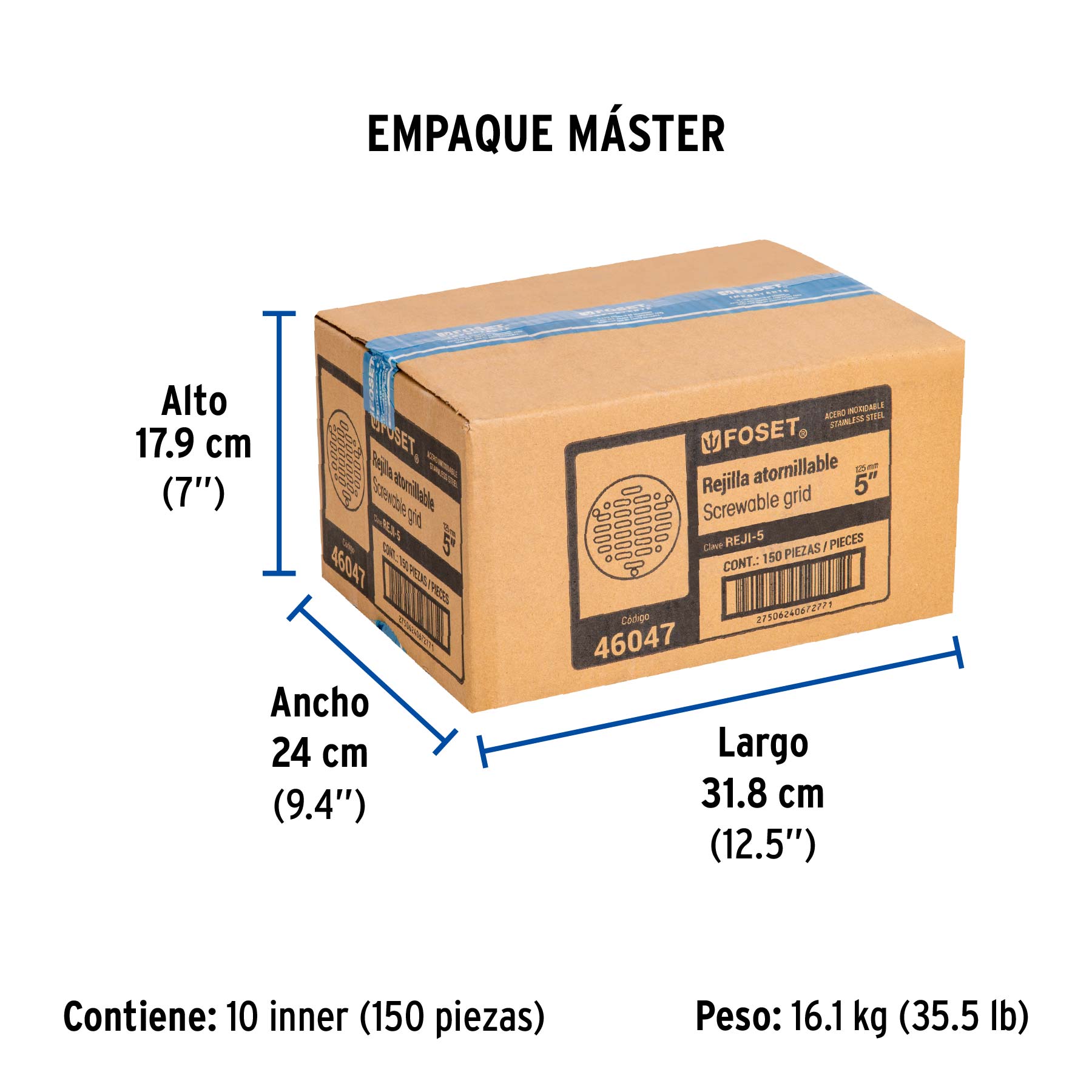 Rejilla de acero inoxidable 5", cierre con tornillos, FOSET - Empaque