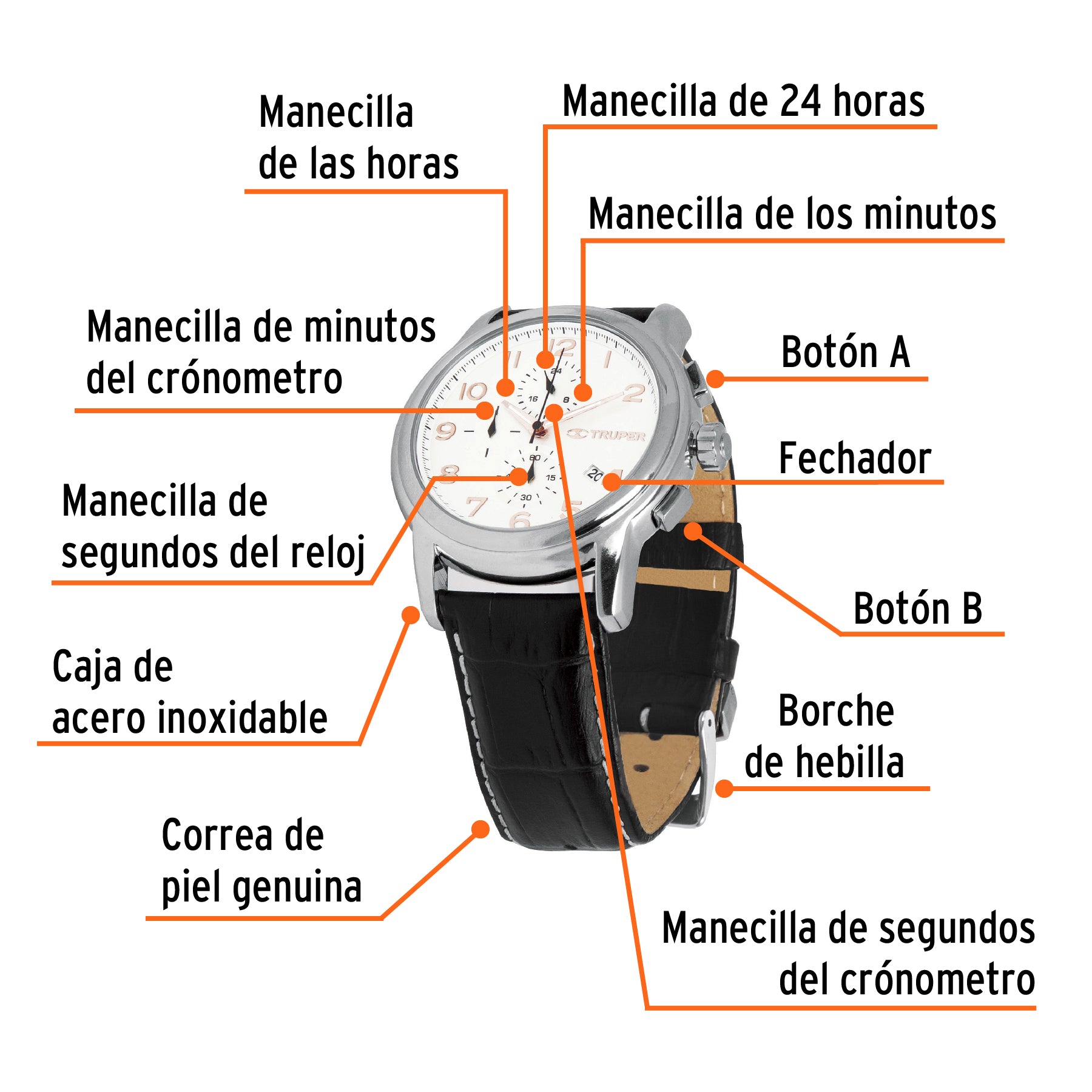 Reloj para caballero, correa de piel, TRUPER