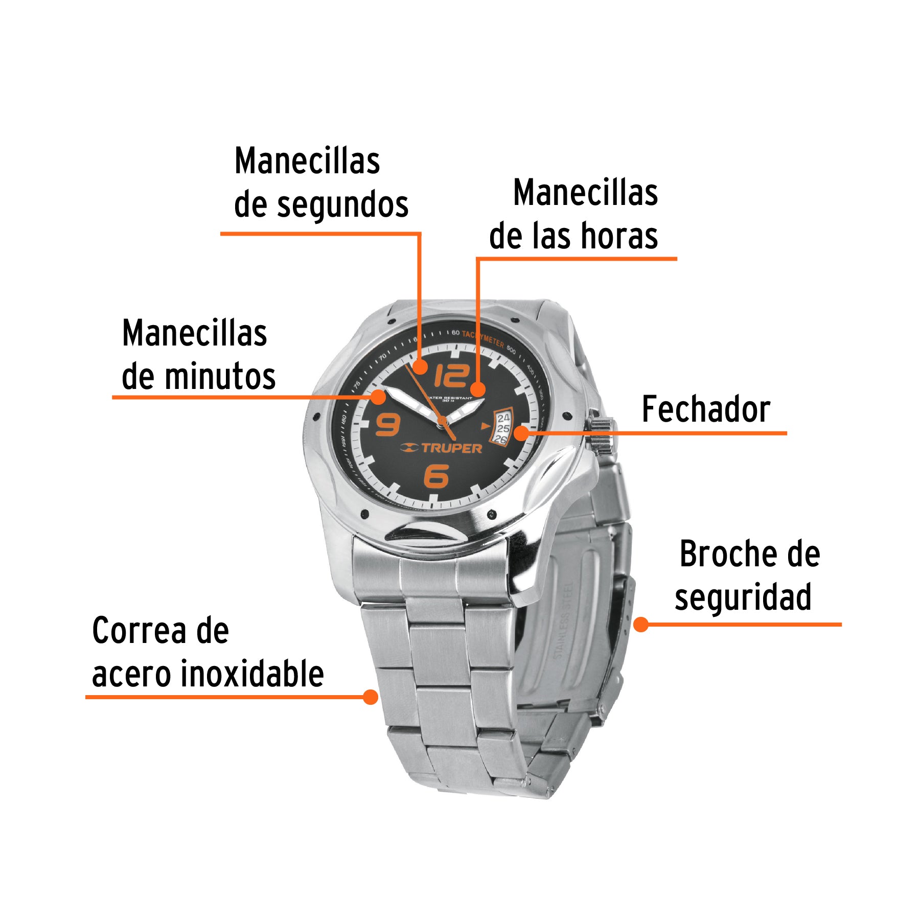 Reloj para caballero, acero inoxidable, TRUPER