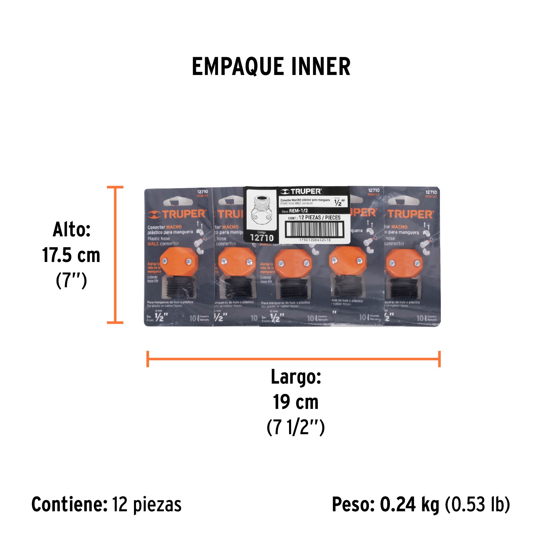 Conector 1/2" macho de ABS para manguera, TRUPER - Empaque