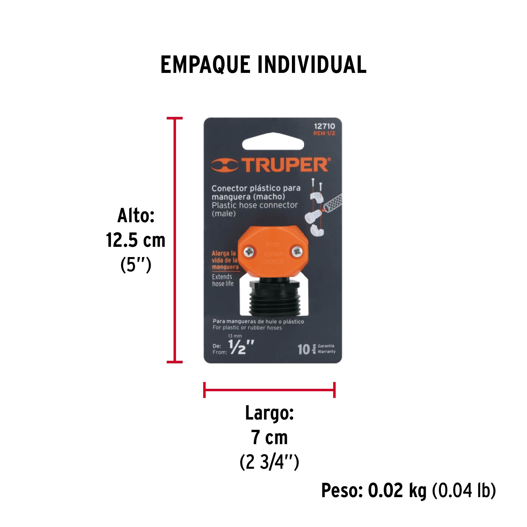Conector 1/2" macho de ABS para manguera, TRUPER - Empaque