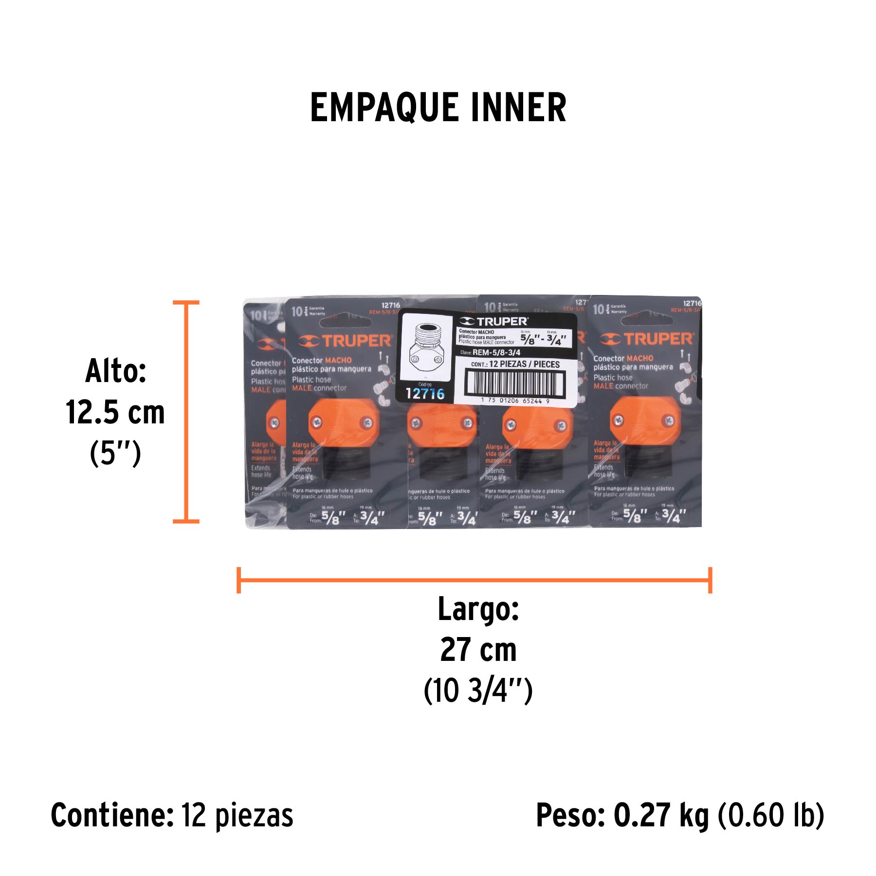 Conector 5/8"-3/4" macho de ABS para manguera, TRUPER - Empaque