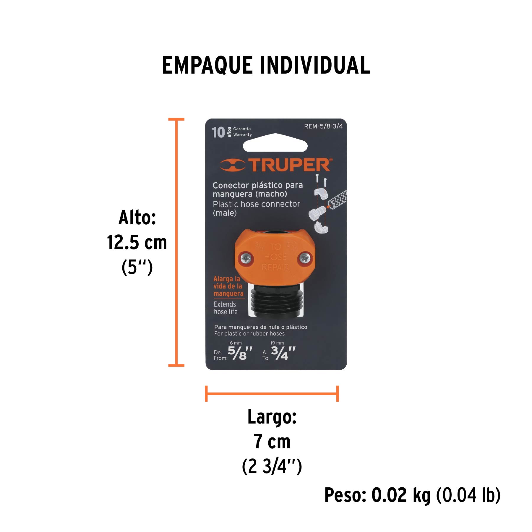 Conector 5/8"-3/4" macho de ABS para manguera, TRUPER - Empaque