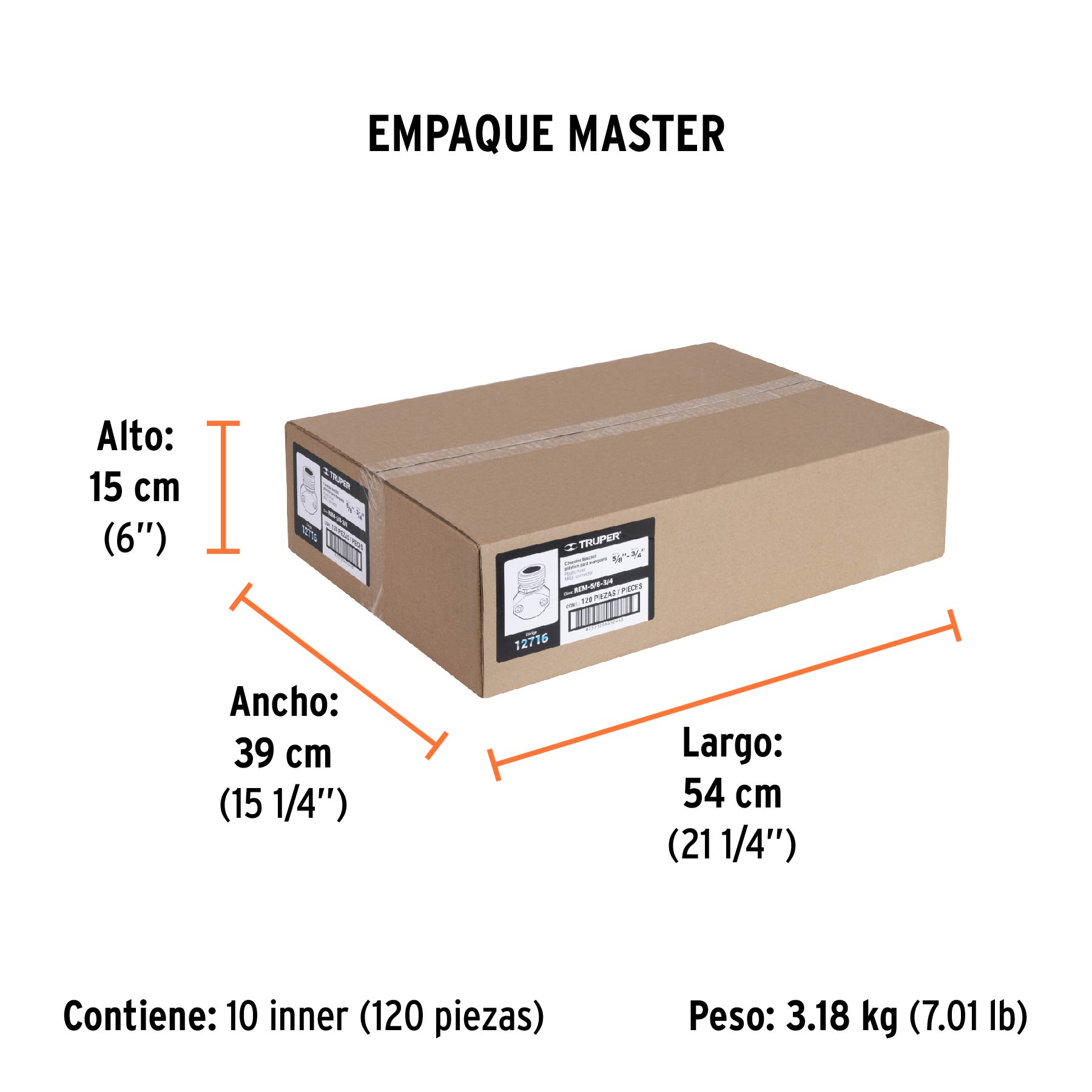 Conector 5/8"-3/4" macho de ABS para manguera, TRUPER - Empaque