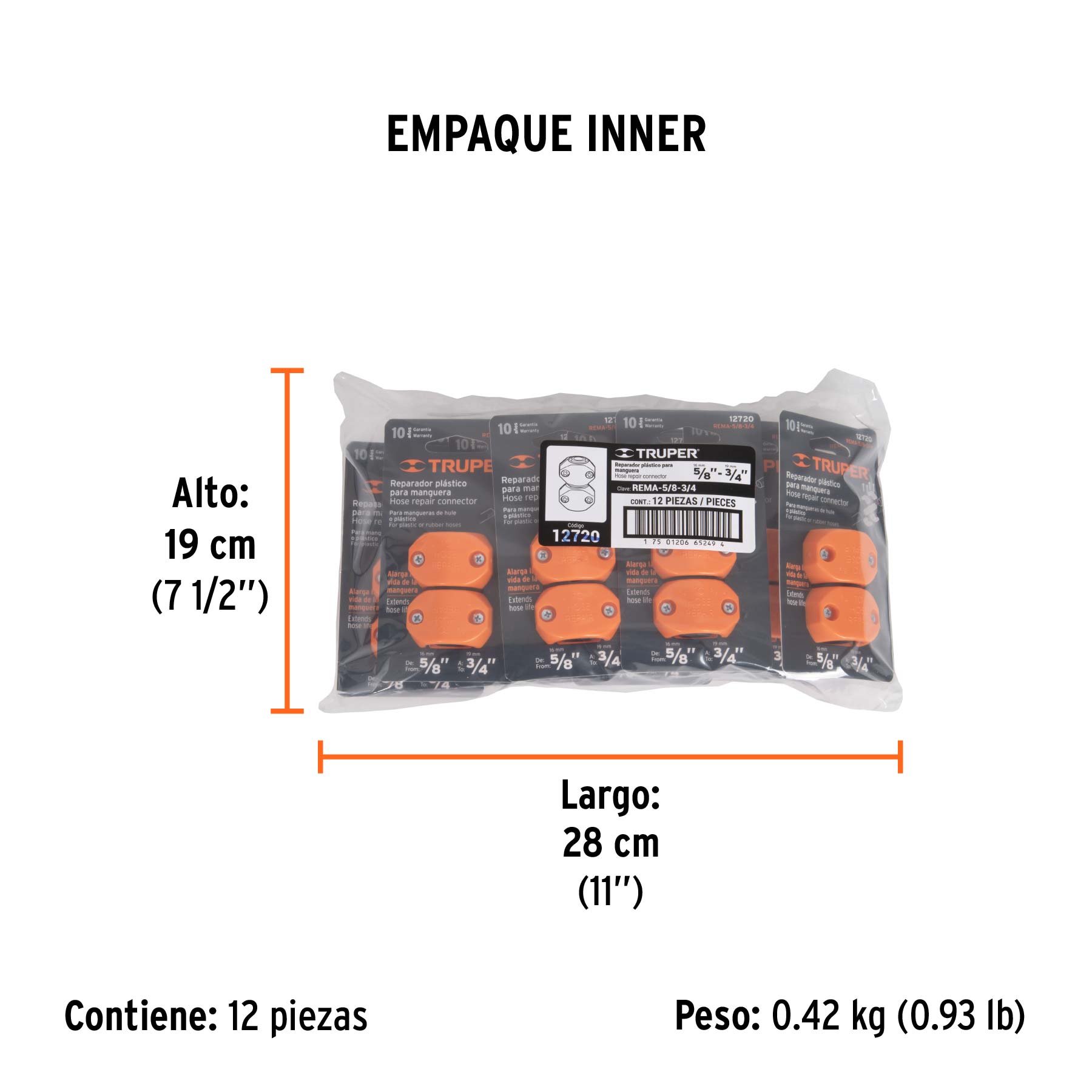 Reparador 5/8"-3/4" de ABS para manguera, TRUPER - Empaque