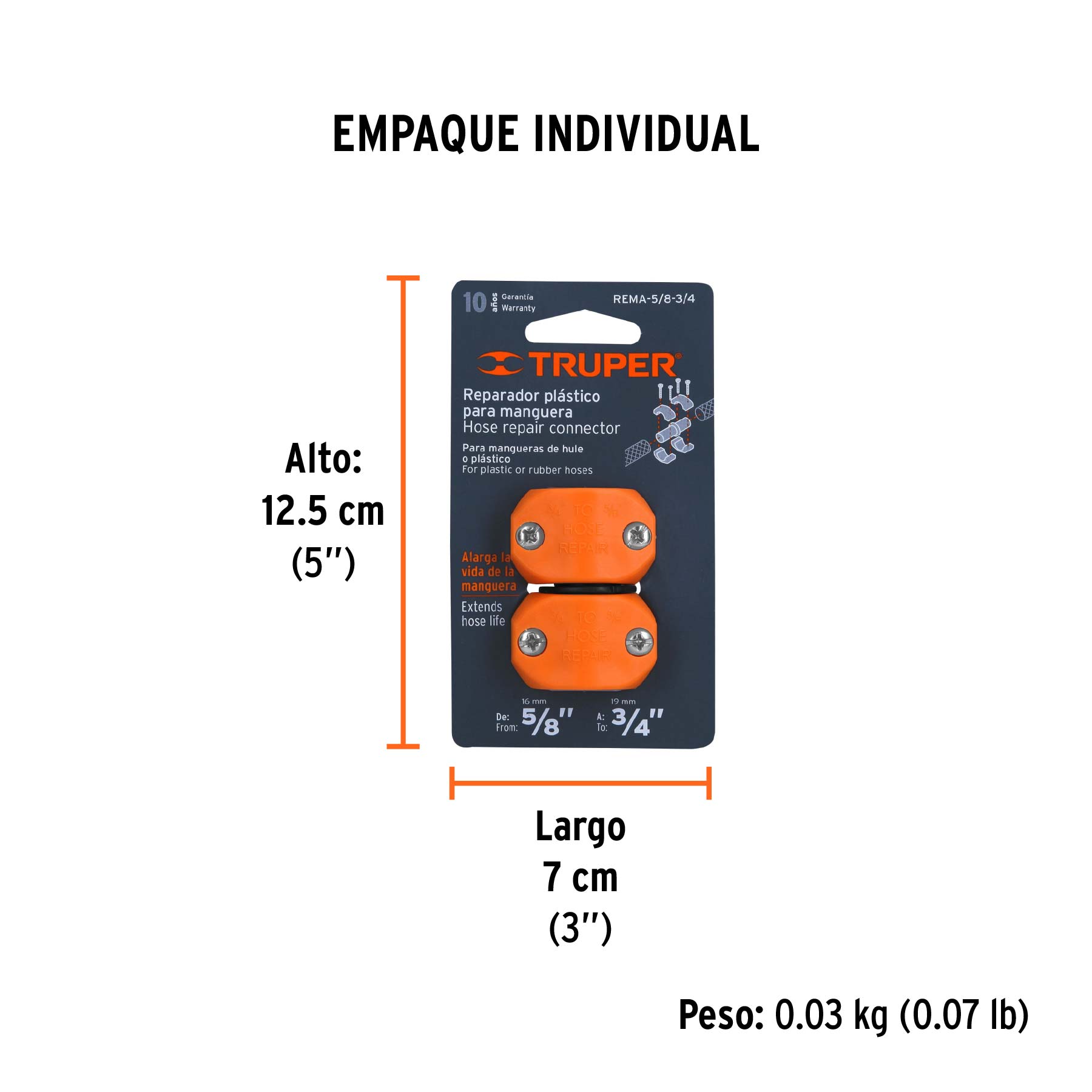 Reparador 5/8"-3/4" de ABS para manguera, TRUPER - Empaque