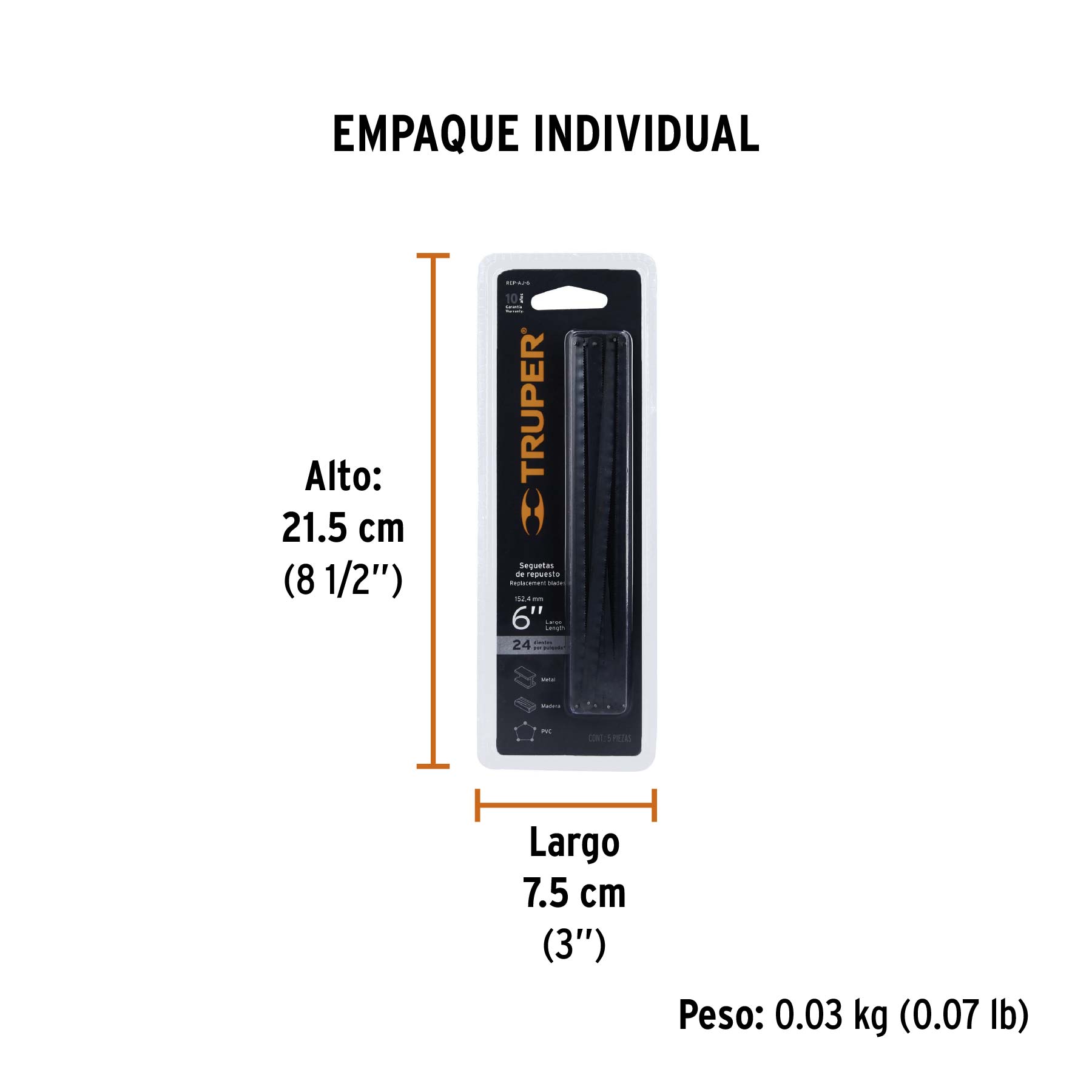 Blíster con 5 seguetas de repuesto para AJ-6, TRUPER - Empaque