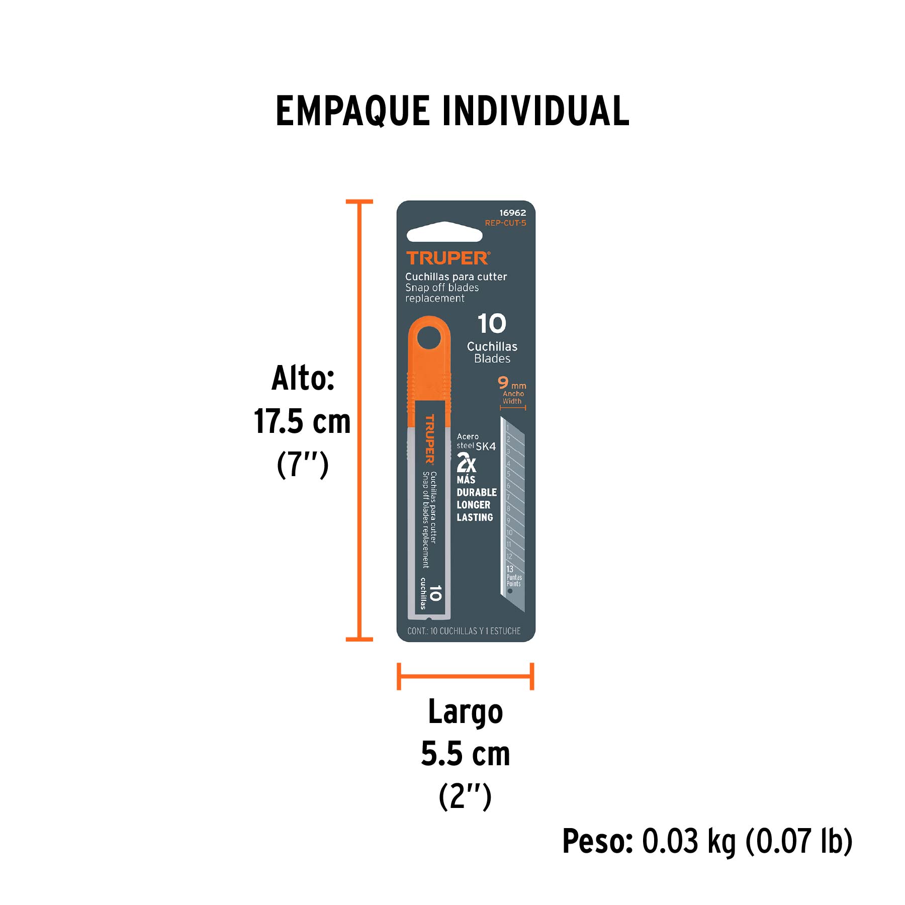 Estuche con 10 cuchillas SK4 de 9 mm para cutter, TRUPER - Empaque