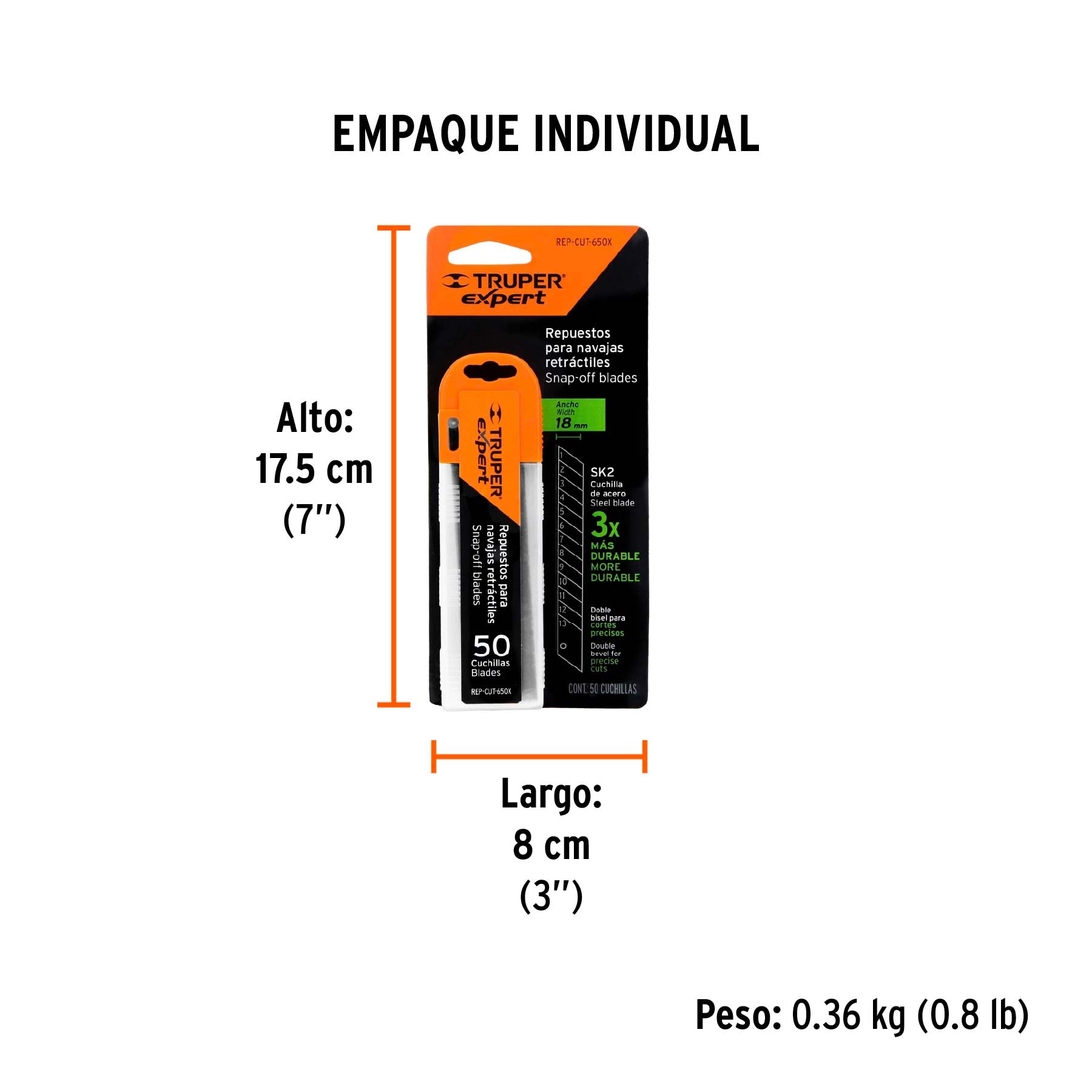 Estuche con 50 cuchillas SK2 de 18 mm para cutter, EXPERT - Empaque